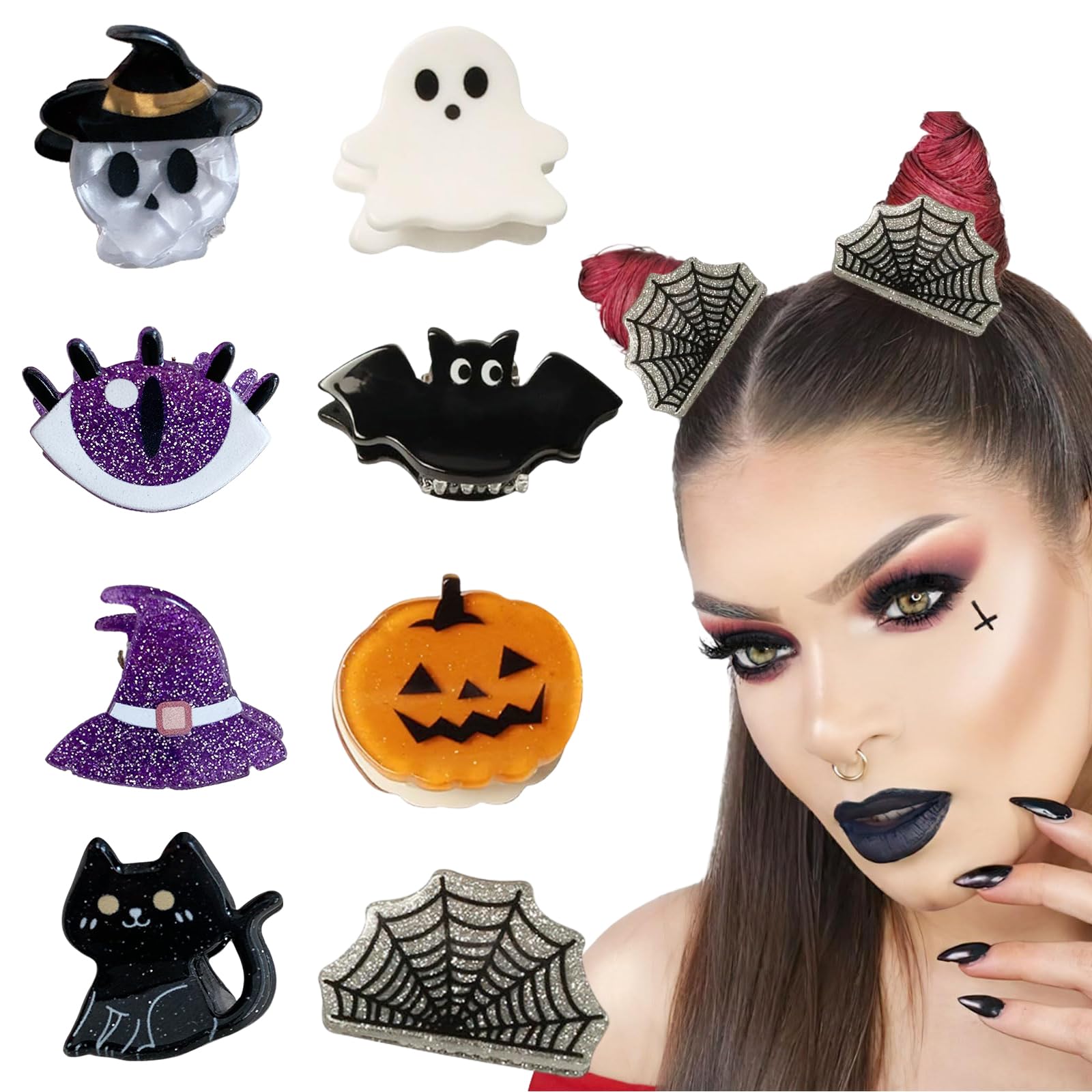 BelleFlair 8 Pcs Halloween Claw Clips Hair Accessories for Girls Women Cute Mini Pumpkin Ghost Bat Spider Web Designs