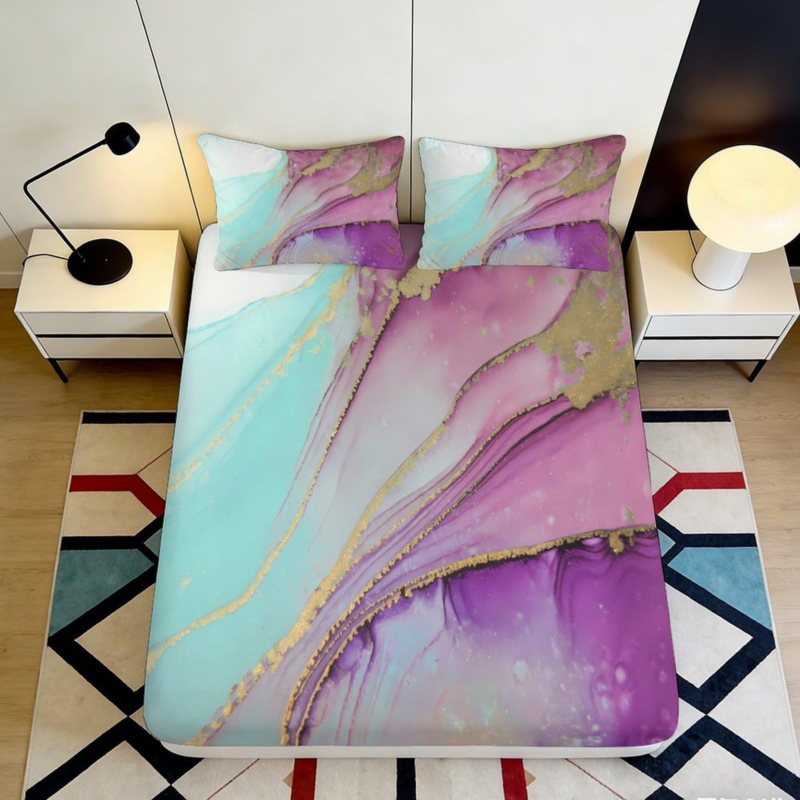 3D Printed Aqua Marble Fitted Sheet Microfiber Soft Purple Gold Bed Cover for Bedroom Dorm Home Decor 90x200x25cm