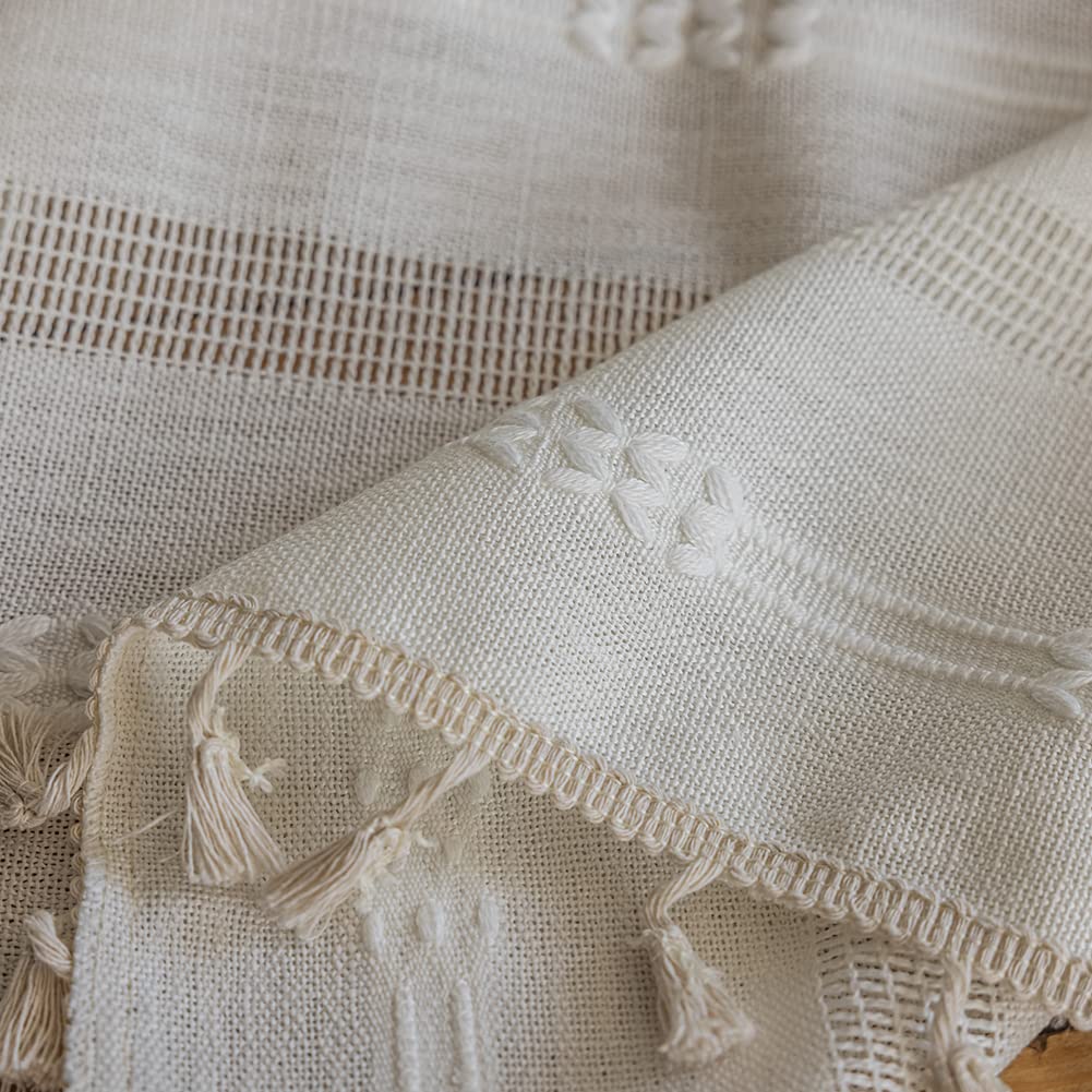 Schweek White Boho Curtains for Bedroom Living Room 84 Inches Long Farmhouse Embroidery Curtains 2 Pannels Cotton Linen Window Curtain Panel, Bohemian Tassel Curtain Drapes, 55" W x 84" L,Ivory