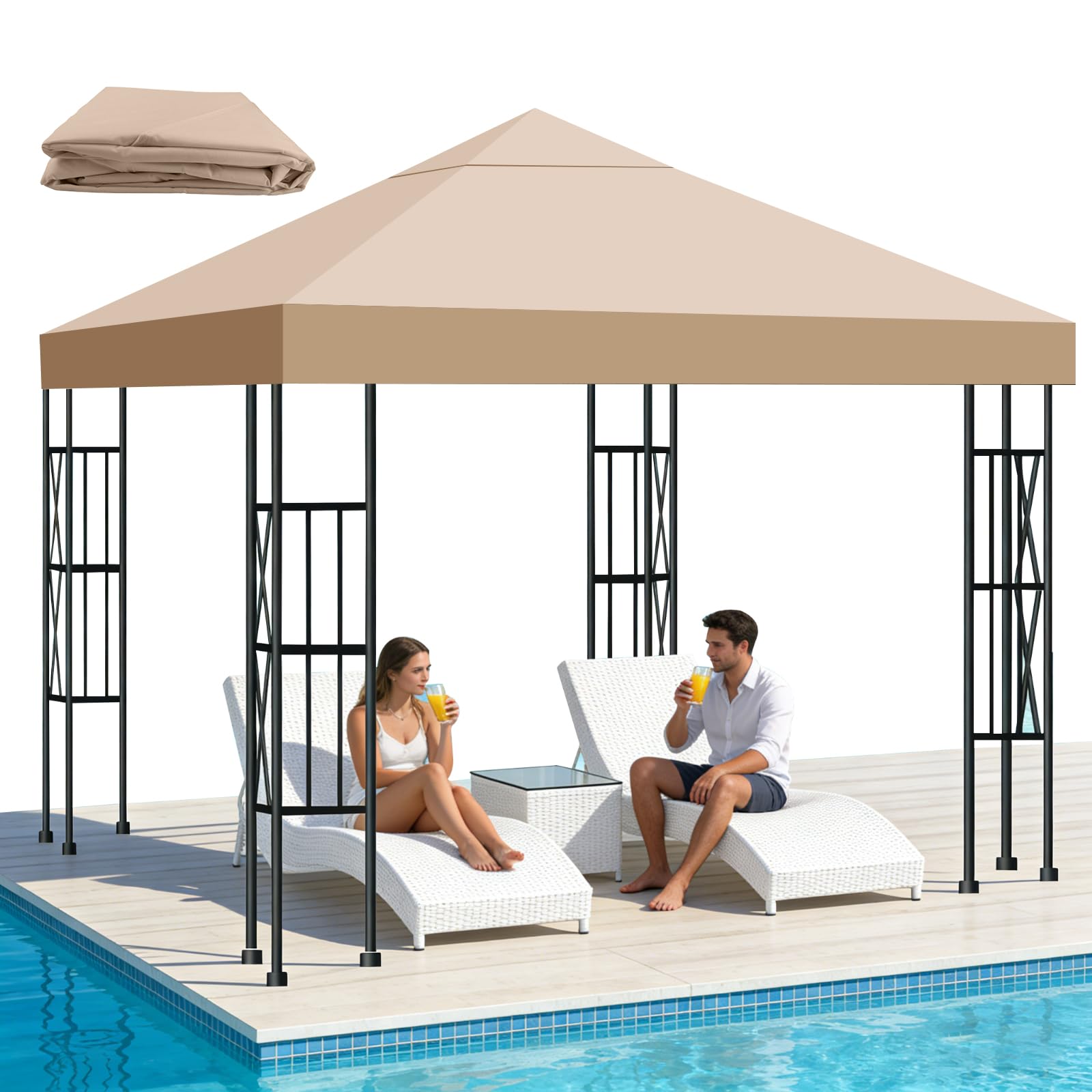 Photo 1 of Qdreclod 10x10 FT Replacement Top Canopy Replacement Top Gazebo Cover Single Tier Sun Shade Canopy Cover for Shop, Yard, Outdoors Commercial Use Gazebo Canopy Top Replacement (Khaki)