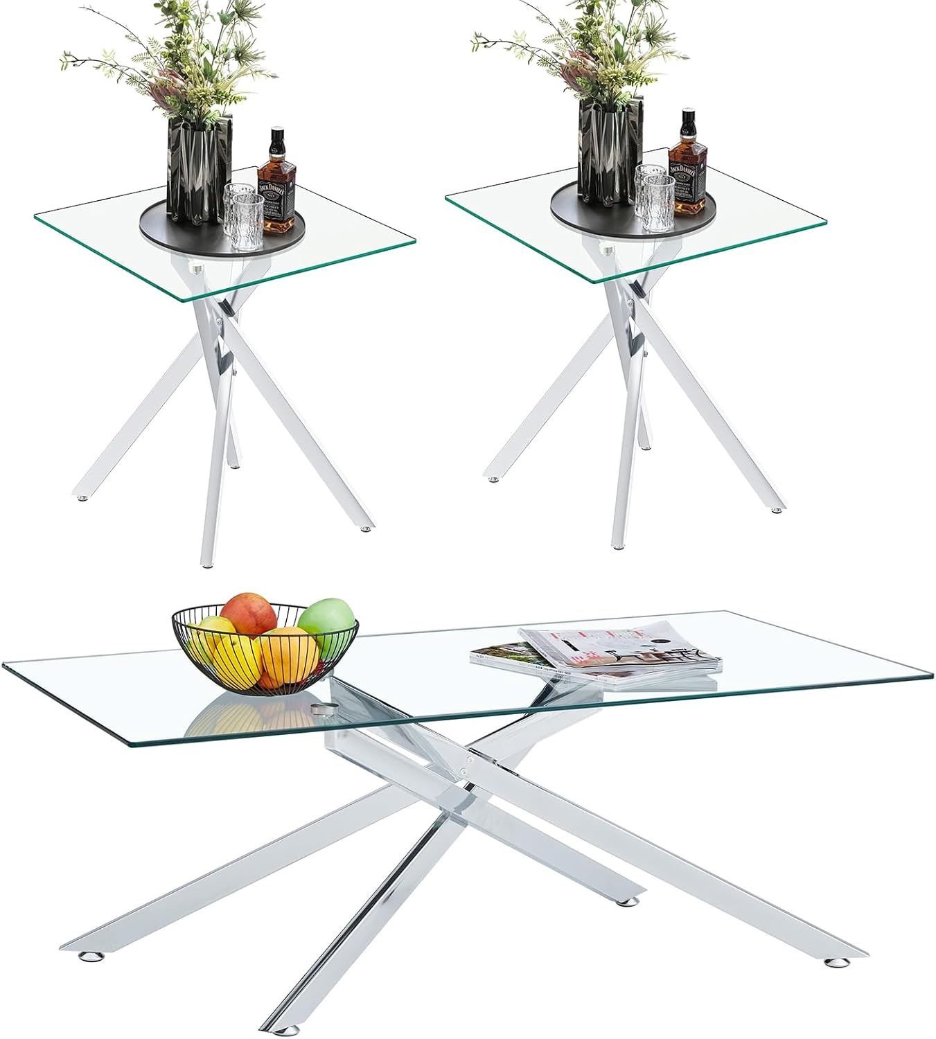 Amazon.com: Minheola Glass Coffee Table Set of 3, Modern Glass Coffee Table with 2 Square Side ...