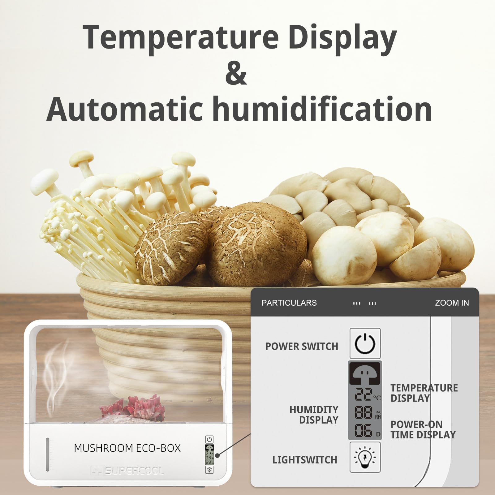 Kit Champignons à Faire Pousser, Tente de Culture de Champignons avec Affichage de la Température et de l'humidité, kit de Culture de Champignons Smart Monotub