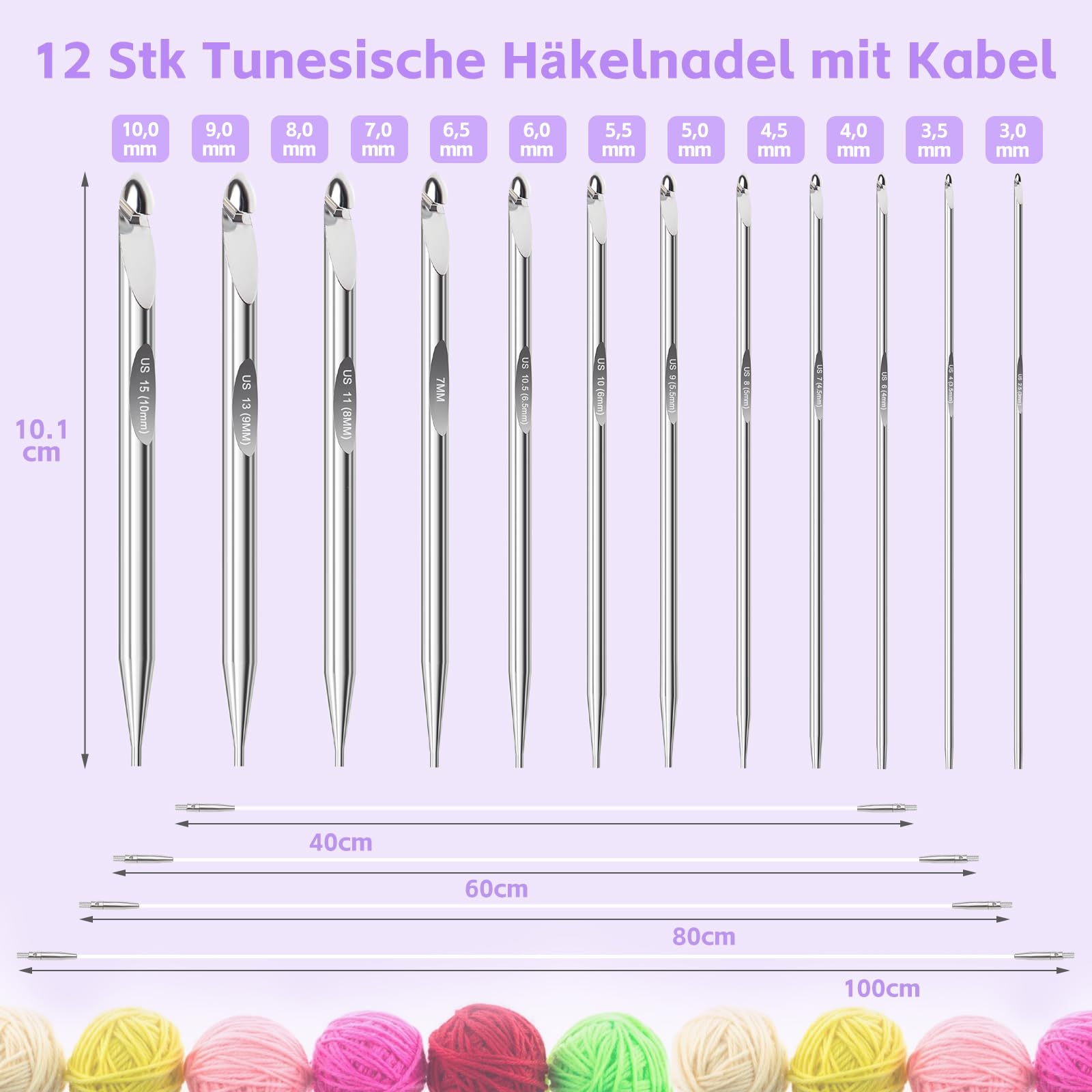 Coopay Set di 12 Uncinetti Tunisini Intercambiabili, 3,0-10,0mm con Filo da 40/60/80/100 cm, Uncinetto per Principianti e Professionisti, Uncinetto Afgano per Tappeti, Maglioni, Sciarpe