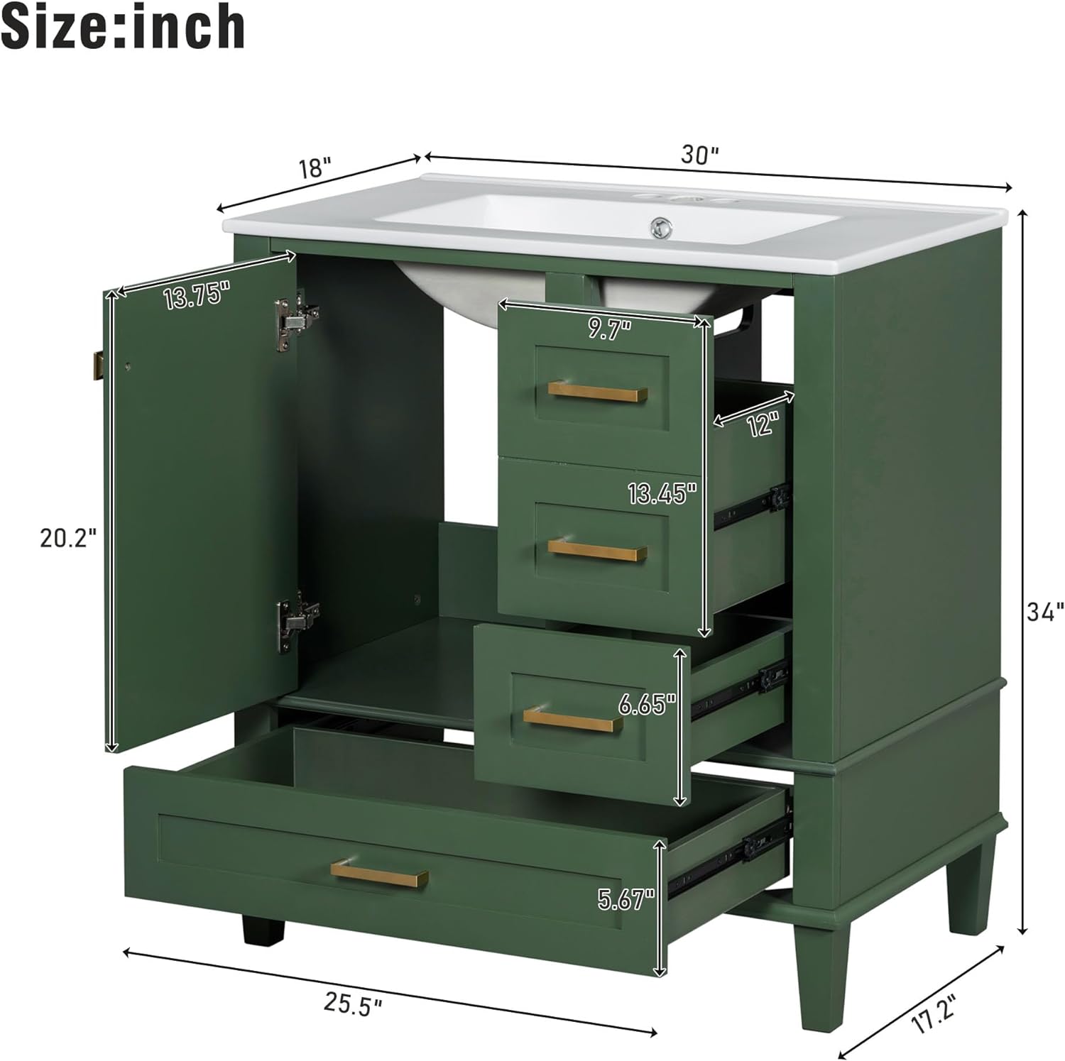 Detailed dimensions of the Bellemave 30 inch bathroom vanity