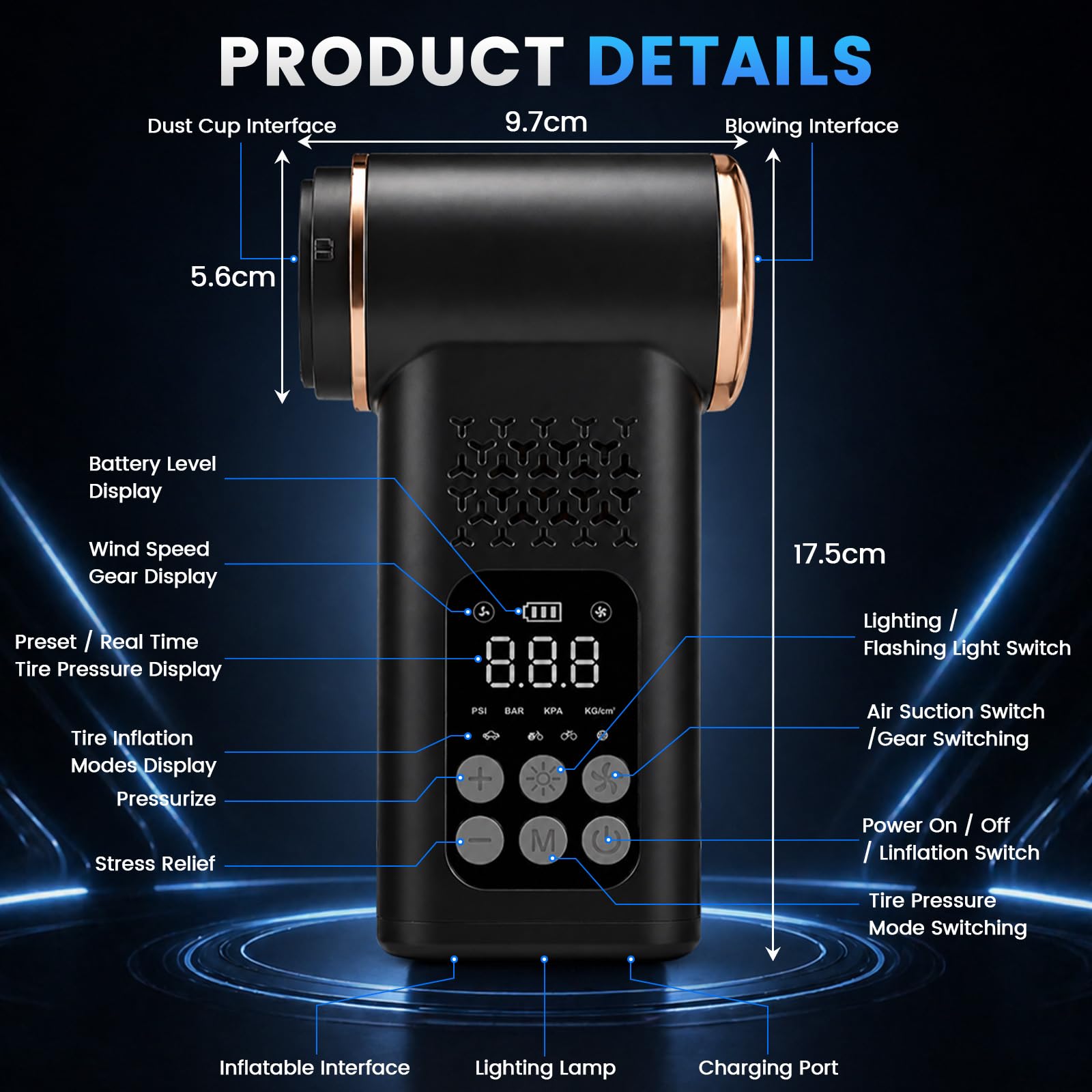 5 en 1 Compresor Aire Portatil con Aspiradora inalámbrica, 150 PSI Inflador de Neumáticos con Luz de Emergencia, Pantalla LCD, manómetro Digital para Coche hogar Pelo de Mascotas Moto y balones