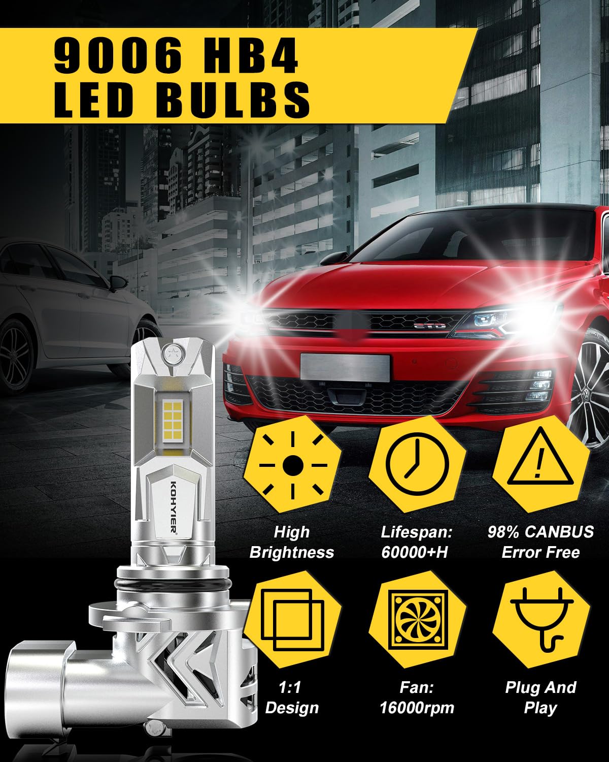 Żarówka LED HB4 100W 40000LM, 800% Jaśniejsza Światło Białe 6000K, Miniaturowa Żarówka Przednia 9006 HB4 LED W Skali 1:1, System Plug And Play, Opakowanie 2 Sztuki