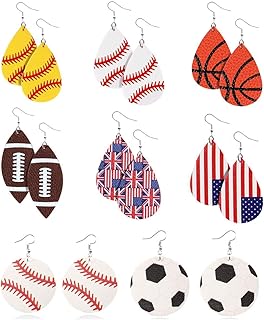 8 Pairs Teardrop Leather Baseball Earrings For Sport Lover USA Flag Statement Leaf Leather Dangle Earring Set For Women Lightweight
