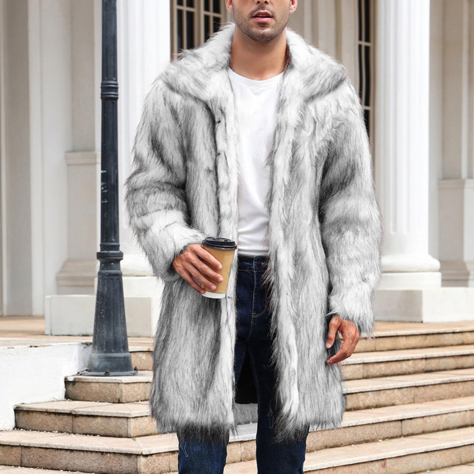 Vestes en fourrure pour homme - Veste en fourrure synthétique - Manteau en fourrure synthétique - Manches longues - Chaud - Veste d'hiver parka - Manteau d'hiver - Revers en fausse fourrure - Cardigan