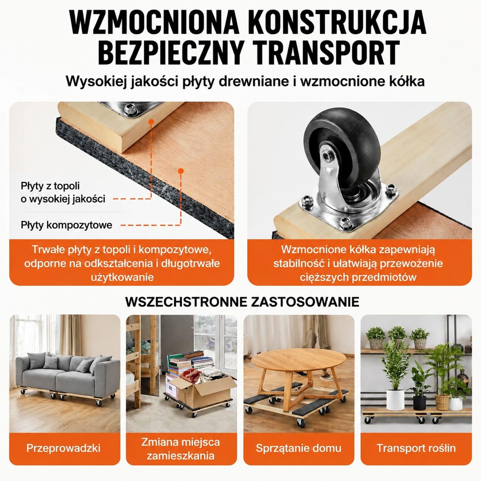 Zestaw wózków meblowych, 2 sztuki, drewniana platforma, 8 kółek obrotowych, udźwig 450 kg, do transportu domowego