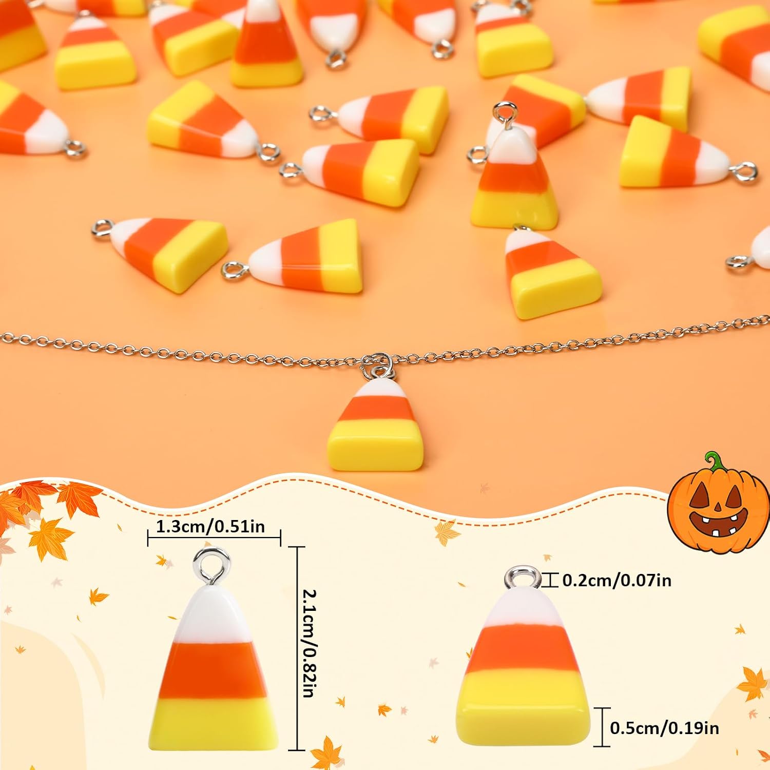 Jansun 70pcs Resin Candy Corn Charms, Halloween Fake Corn Beads Pendant for Jewelry Making Keychains Necklace Earring Crafts DIY Supplies image 2