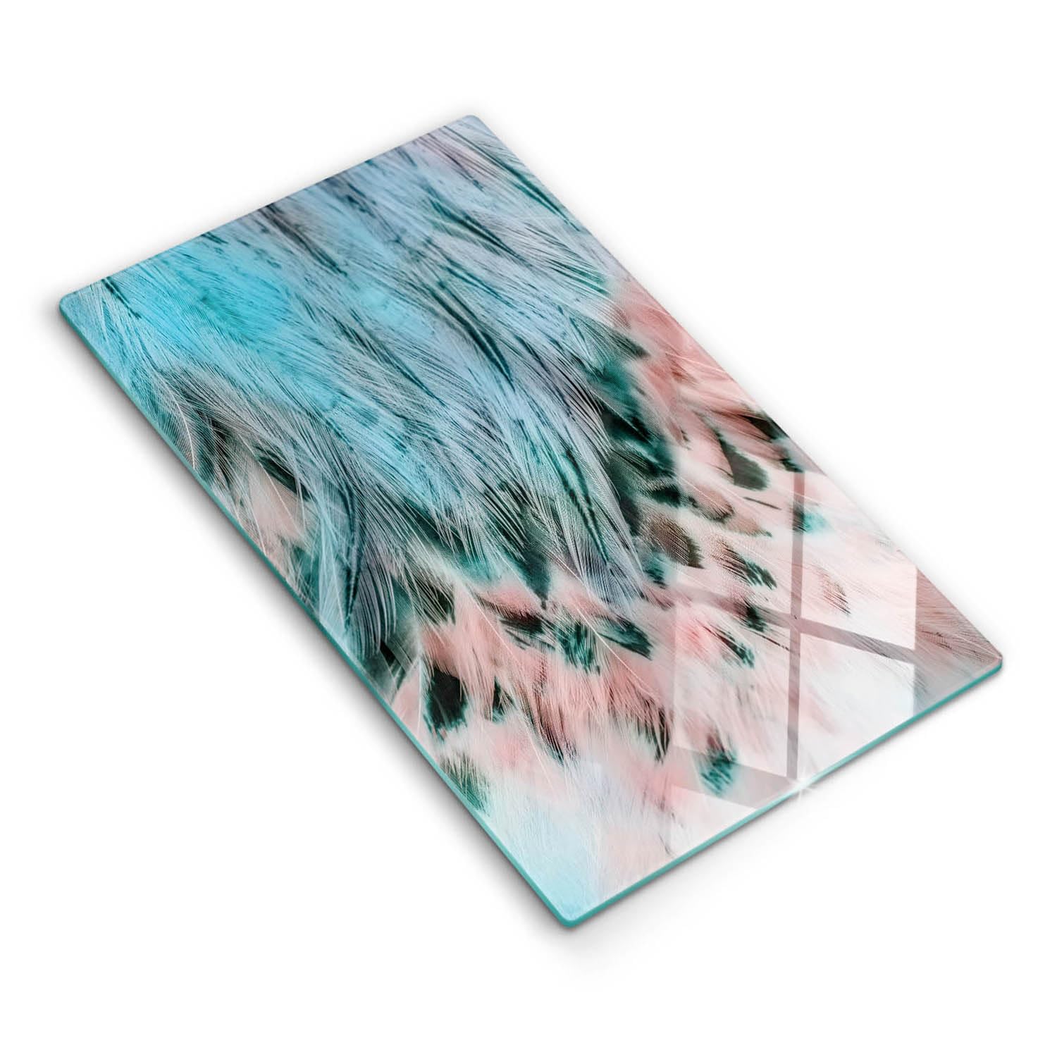 Planche à découper induction Wallfluent 30x52 cm en verre avec motif plumes d'oiseau boho