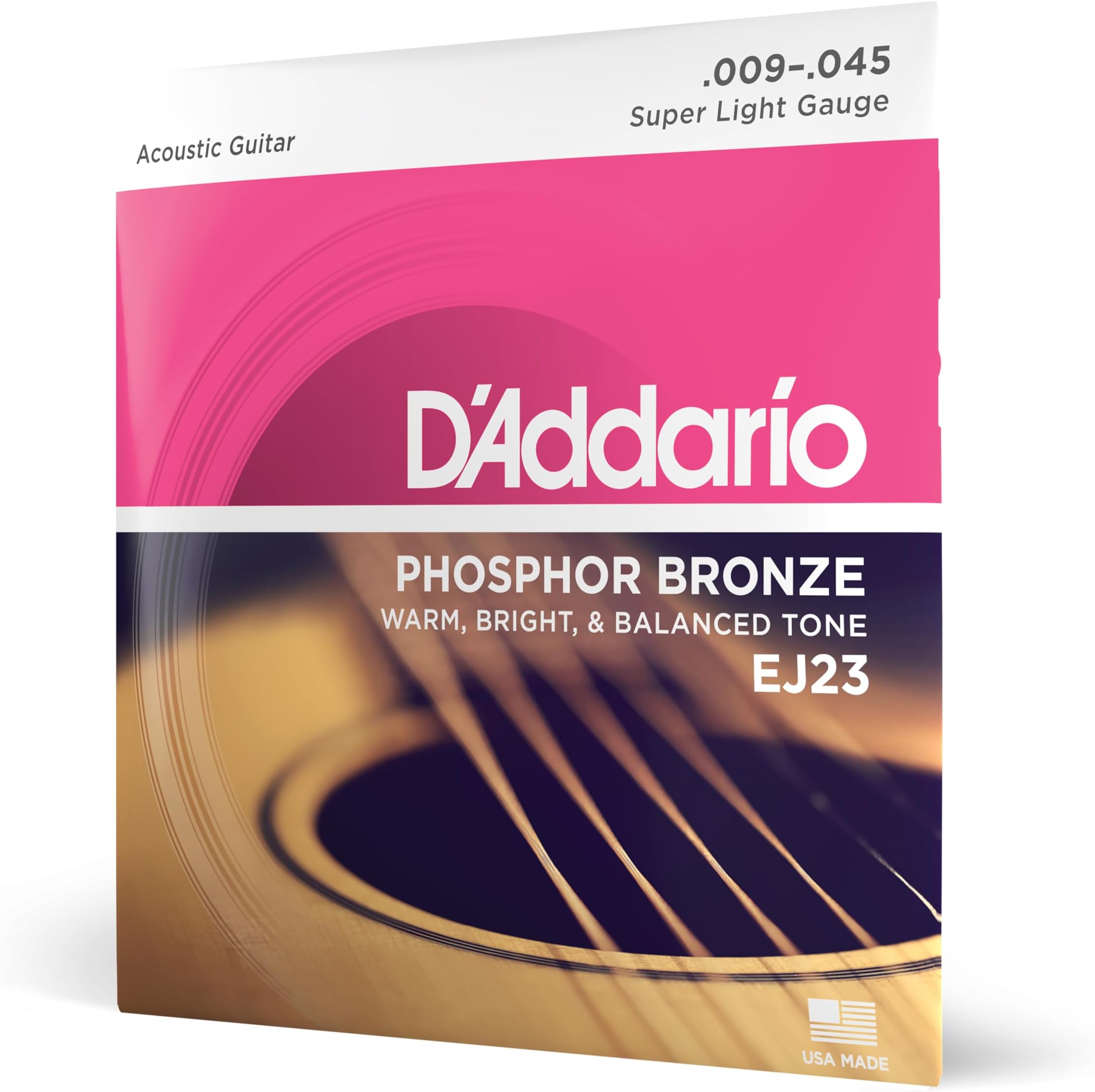 D'Addario Acoustic Guitar Strings, Phosphor Bronze, EJ23, Super Light Gauge 9-45, 6-String Set, Pack of 1