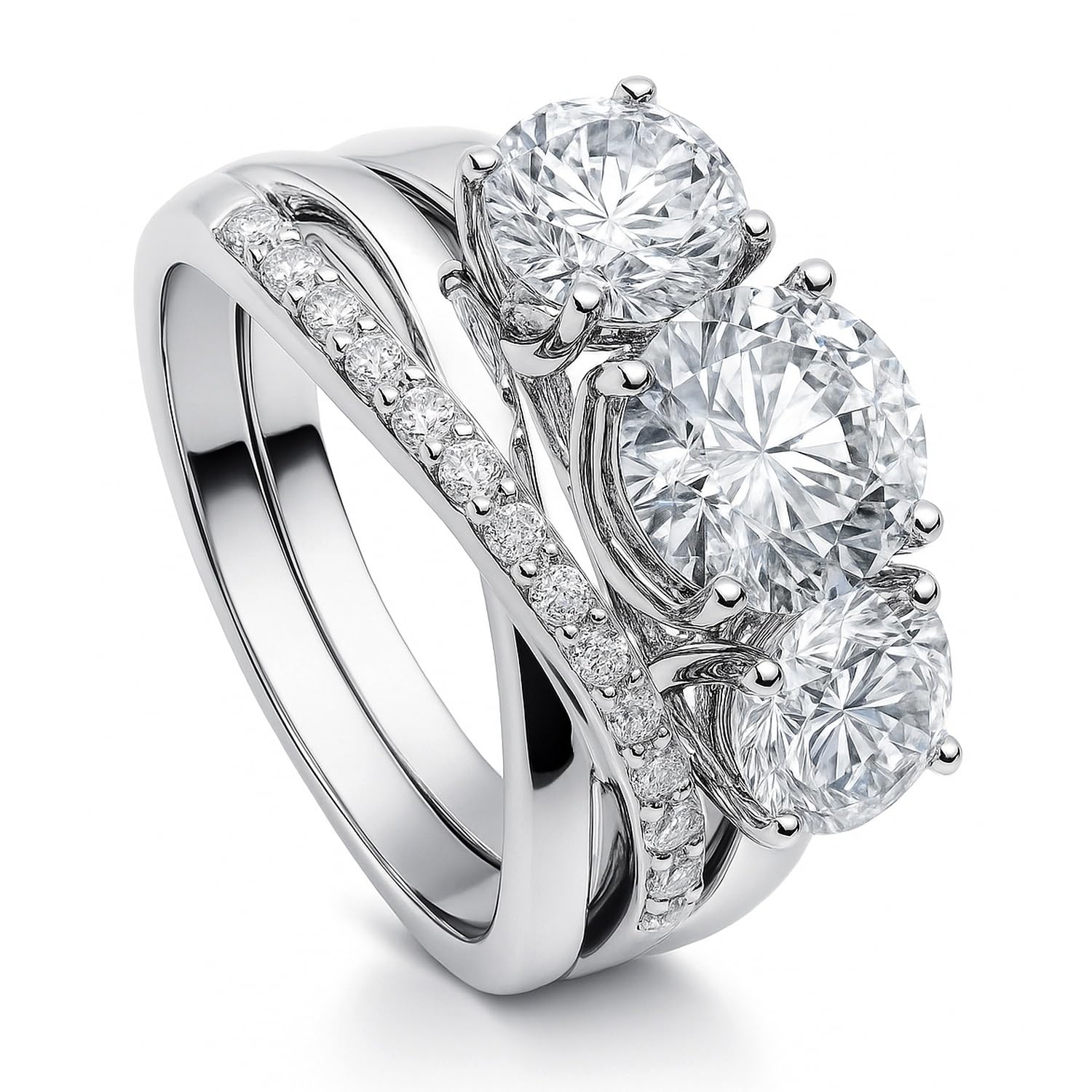 Juego de anillos de compromiso de boda de plata de ley con 3 piedras, 2 quilates, corte redondo, circonita cúbica, infinito, para mujer, chapado en rodio, Plata de ley Circonia cúbica