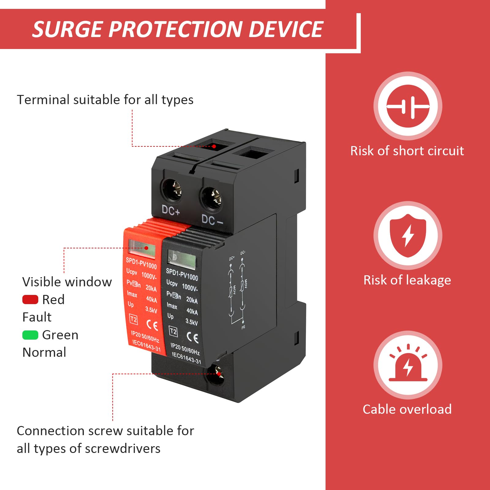 Überspannungsschutz, Überspannungsschutzgerät für PV, Überspannungsschutz Typ 2, PV1000, Maximaler Ableitstrom von 40 Ka-2Pcs