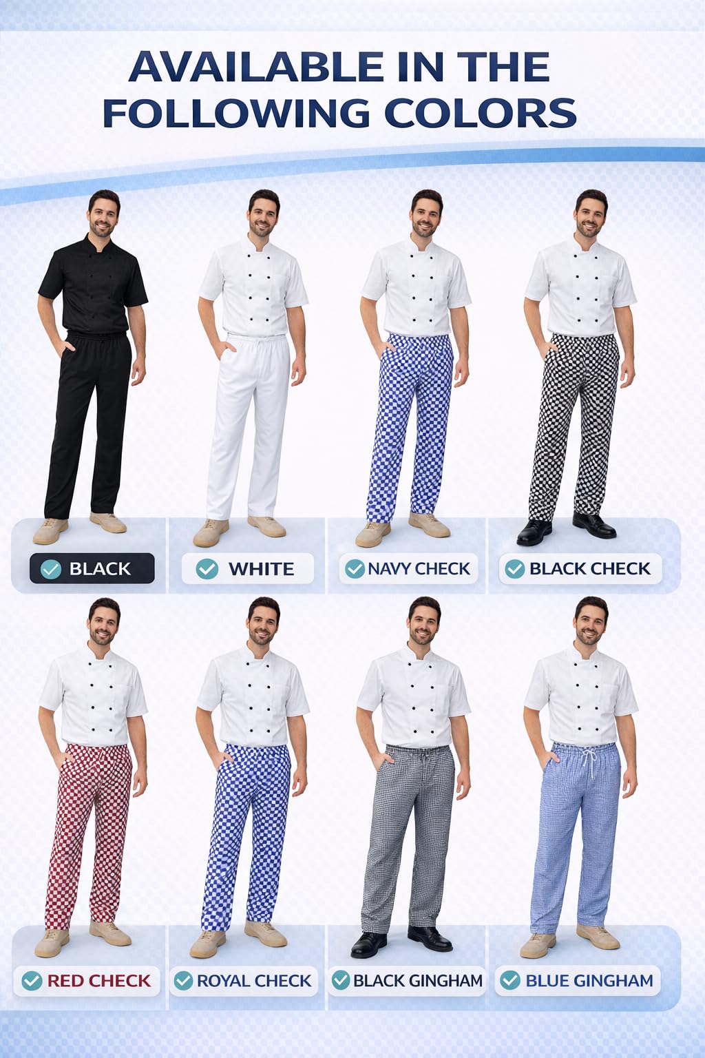 IBEX Pantalon de chef pour homme et femme - Pantalon de chef unisexe avec cordon de serrage - Pantalon de cuisine professionnel léger en polycoton (XS-5XL)