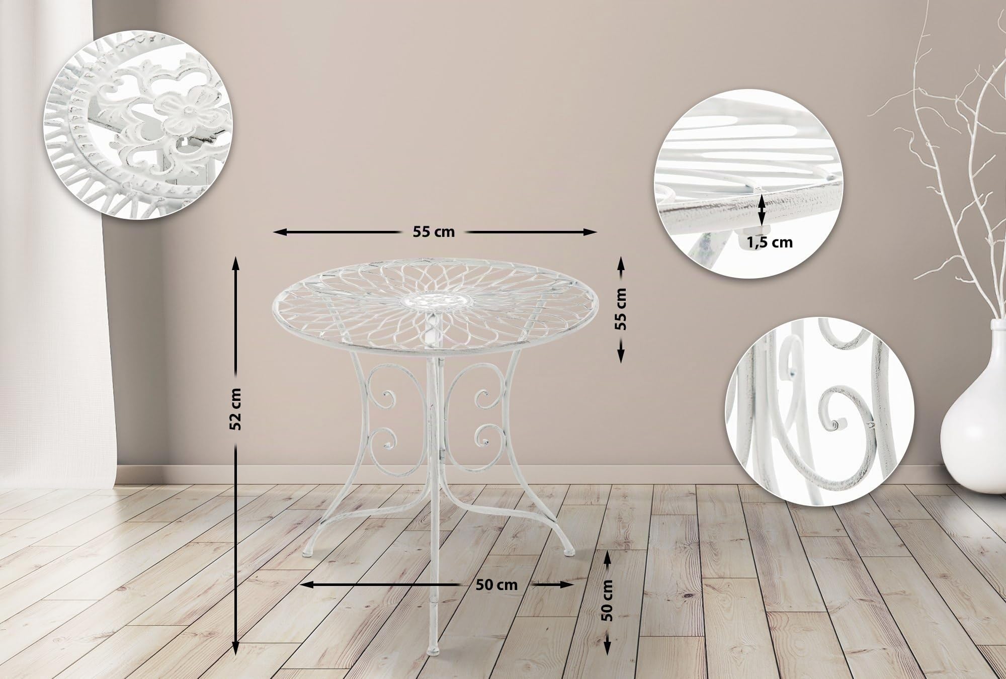 CLP Tavolino Da Esterno Ariano In Ferro I Tavolo Tondo Rustico Da Giardino I Tavolo Da Caffè Shabby I Tavolino Per Salotto Outdoor, Colore:antico bianco