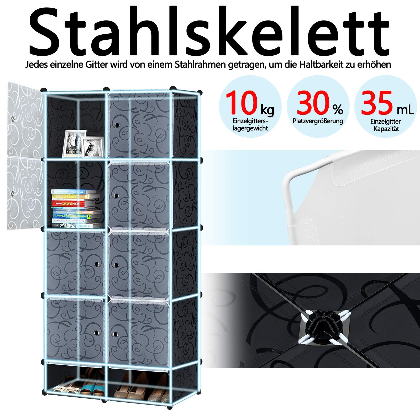 Froadp Armoire pliable à 8 grilles - Système d'étagères enfichables - 157 x 70 x 35 cm - En plastique - Pour rangement de vêtements, vêtements, jouets, livres - Noir
