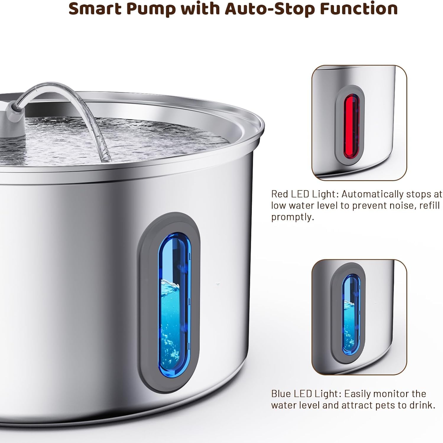 Cat Water Fountain Stainless Steel, 3.2L/108oz Pet Fountains for Drinking with Smart Quiet Pump and Large Water Level Window, Easy-to-Clean Automatic Pet Water Dispenser for Indoor Use - image 5