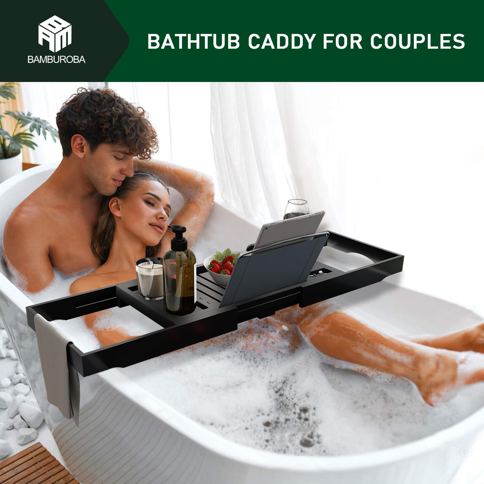 Bandeja plegable de bambú expandible para baño de lujo, accesorios de baño y mesa con soporte para copas de vino, soporte para libros, organizador de baño con lados extensibles para hombres y mujeres