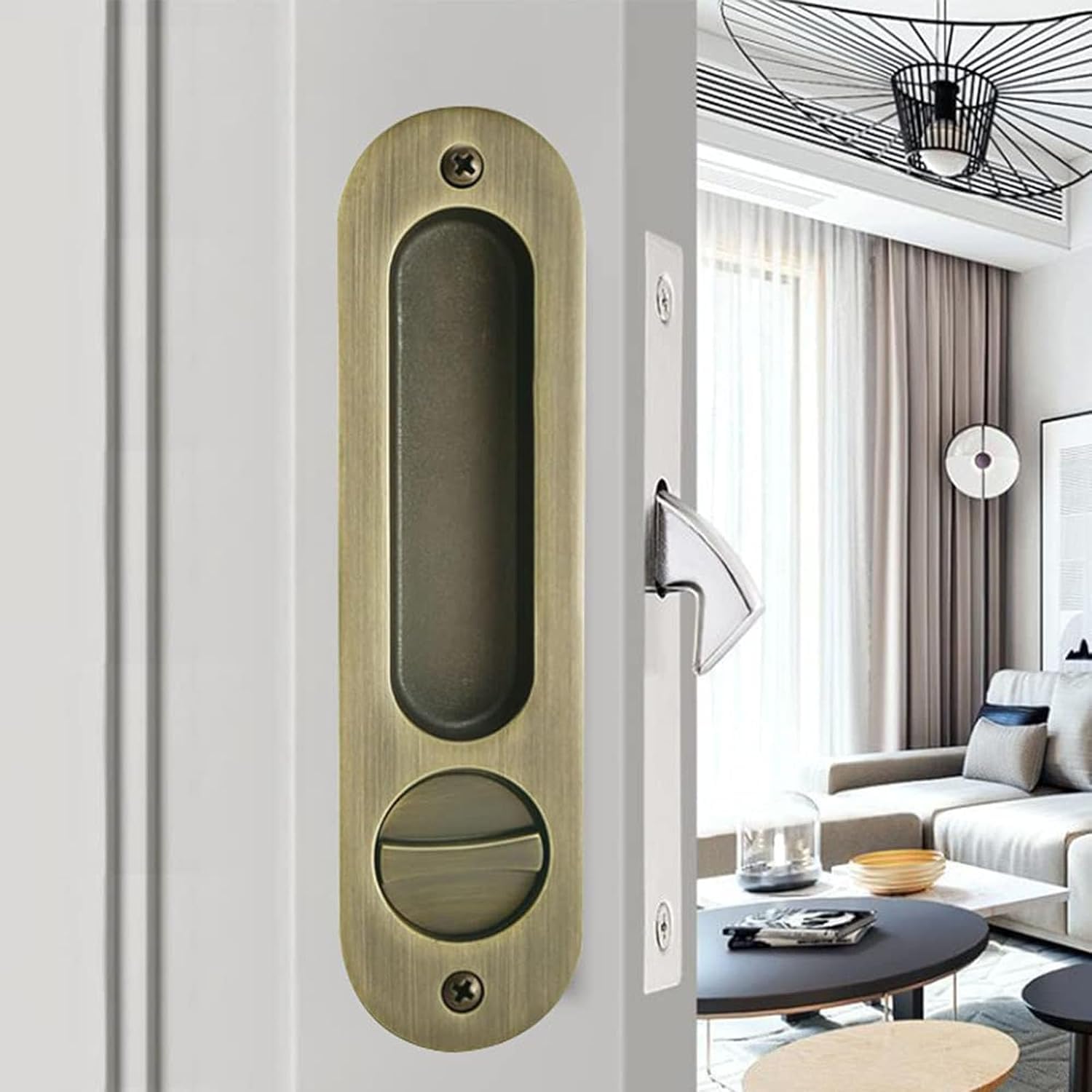 Sliding Pocket Door Lock,173mm Sliding Door Latch with Turn Knob for Interior Wooden Door,Invisible Recessed Door Handle with Key,Keyed Pocket Doors Mortise Lock (Bronze)