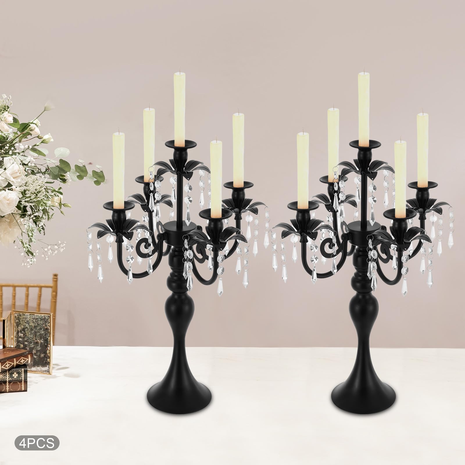 4 portacandele a 5 bracci in ferro con ciondolo in vetro, altezza 52 cm, larghezza 36 cm, candelabri, candelabri, candelabri, candelabri, per candele coniche, feste, matrimoni, tavolo, decorazione da