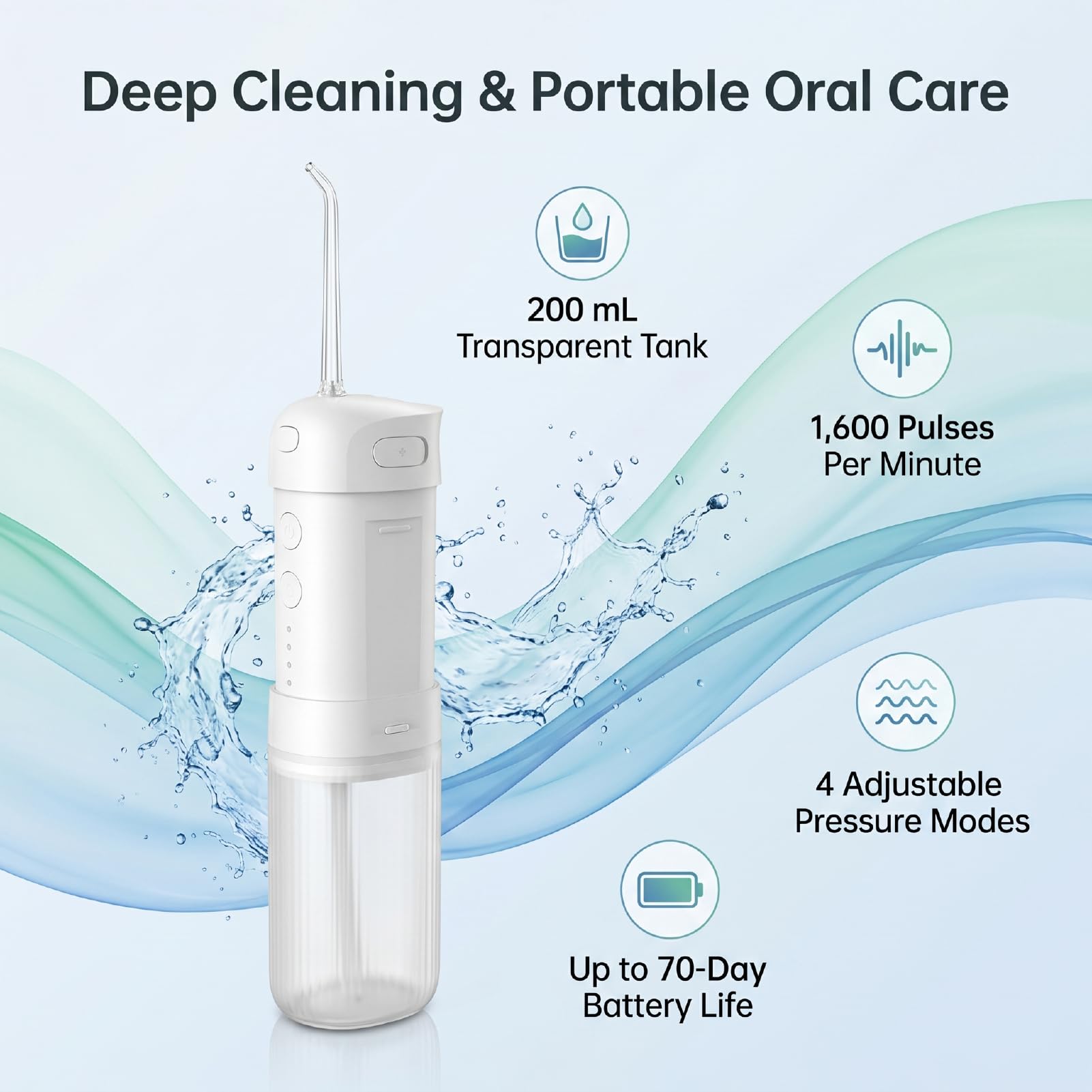 Dispositivo eléctrico de hilo dental de agua, irrigador oral portátil, tanque de agua de 200 ml, 70 días de duración de la batería, 4 modos de presión, IPX7 lavable para viajes en casa (blanco)