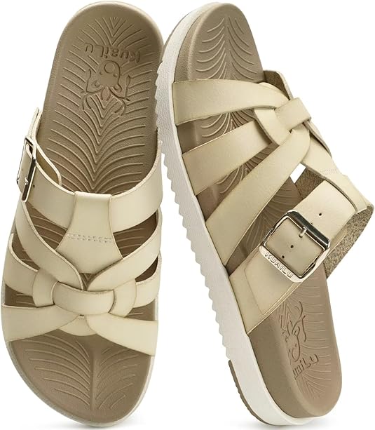 KuaiLu Gladiator Sandals for Women with Comfortable Arch Support Summer Beach Walking Fisherman Slides Boho Outfits Slip on Cushion Shoes Indoor Outdoor