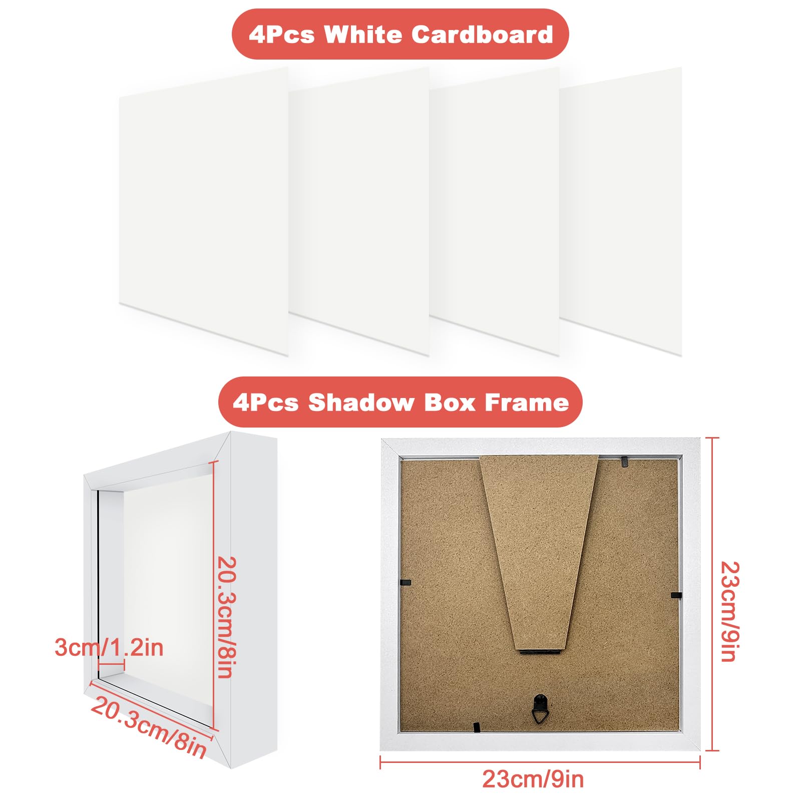 Abaigeal Lot de 4 cadres photo 3D profonds pour travaux manuels, 3 cm de profondeur intérieure, pour photos, fleurs, souvenirs, table et suspension murale, blanc, 20,3 x 20,3 cm