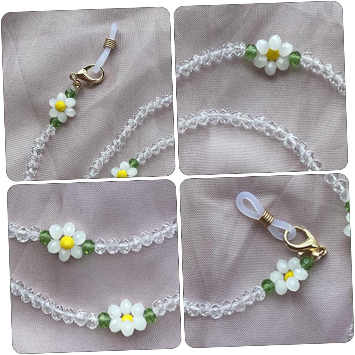 Eyeglasses Anti-lost Chain and Mask Hanging Chain with White Crystal Beads Flower Necklace Sweater for Women