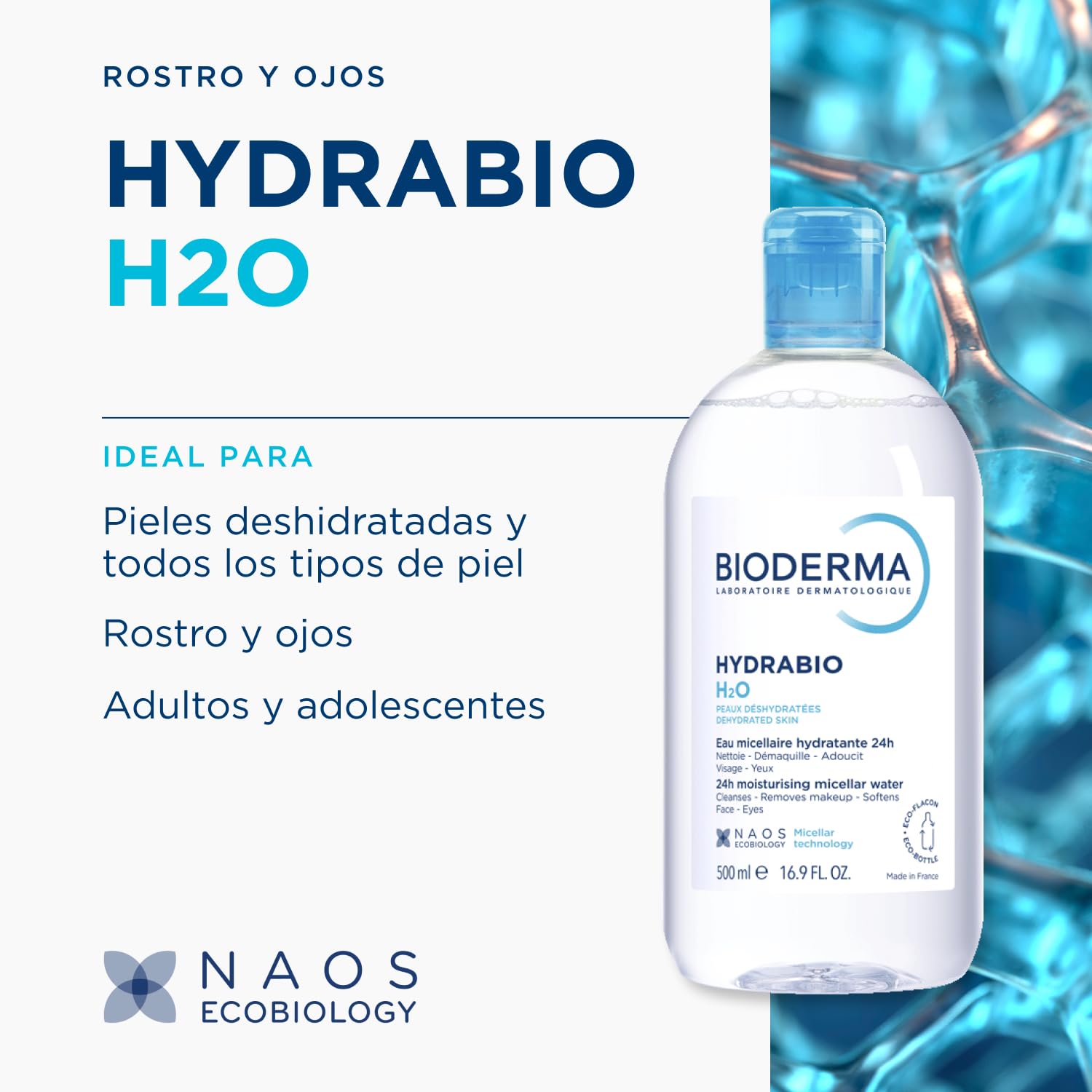 BIODERMA Hydrabio H2O - Agua Micelar Dermatológica - Limpia, Desmaquilla e Hidrata - Elimina Impurezas y Polución - Recomendada por Dermatólogos - Frasco 500 ml