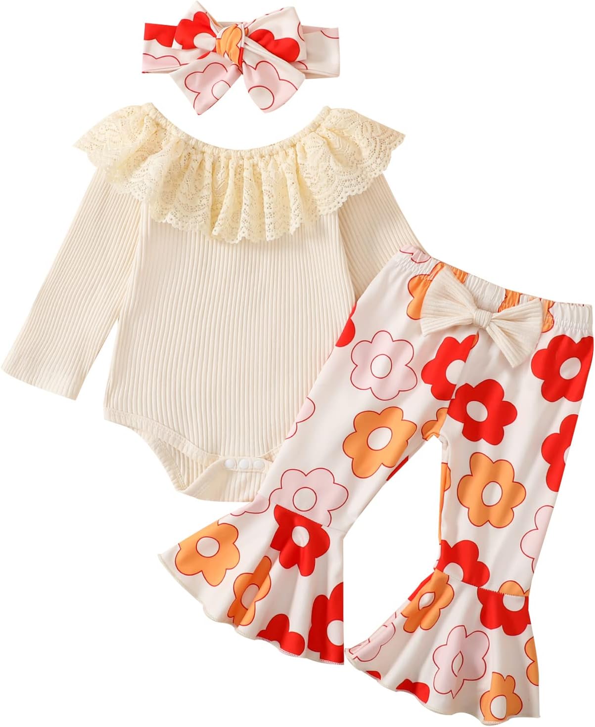 Newborn Infant Baby Girls Clothes Long Sleeve Ribbed Romper Floral/Cow Print Flared Bell Bottom Pants Fall Outfits
