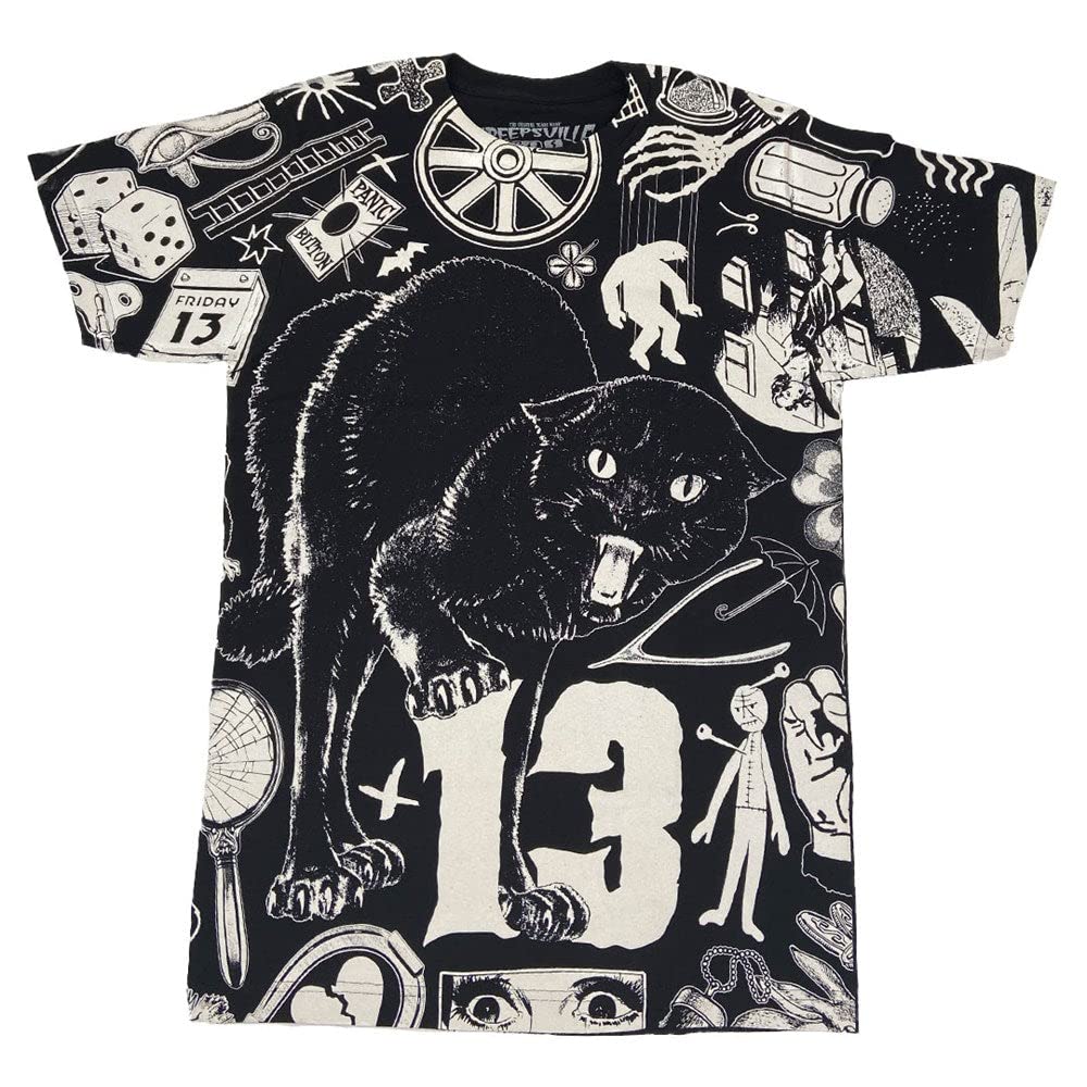 Superstitions Black Cat Jumbo Print Men's T-Shirt Lucky 13 Tee