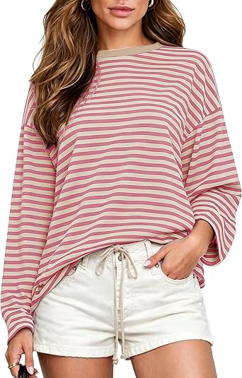 Vivitulip Womens Casual Striped Sweatshirt Relaxed Fit Round Neck Long Sleeve Drawstring Cropped Pullover Tops