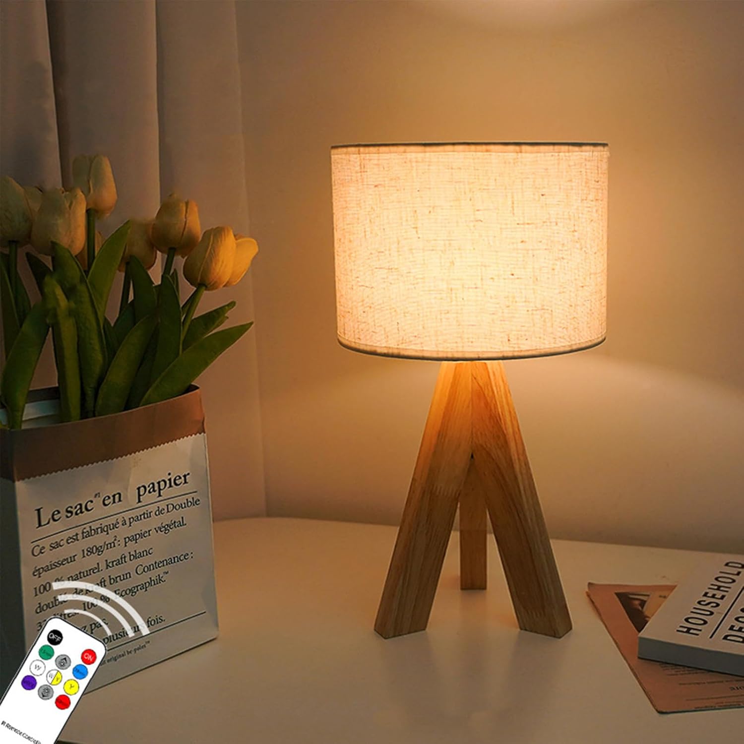 Tripod Table Lamp, Small Cute Bedside Lamp with Linen Beige Lampshade, Nightstand Lamp for Nursery, Bedroom, Kid Room, Living Room, Light Brown Wooden Base, E26 Socket, 12.8Inch, 3000K, 4500K, 6000K