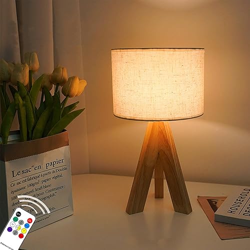 Lámpara de mesa con trípode, pequeña y bonita lámpara de noche con pantalla de lino beige, lámpara de mesita de noche para guardería, dormitorio,