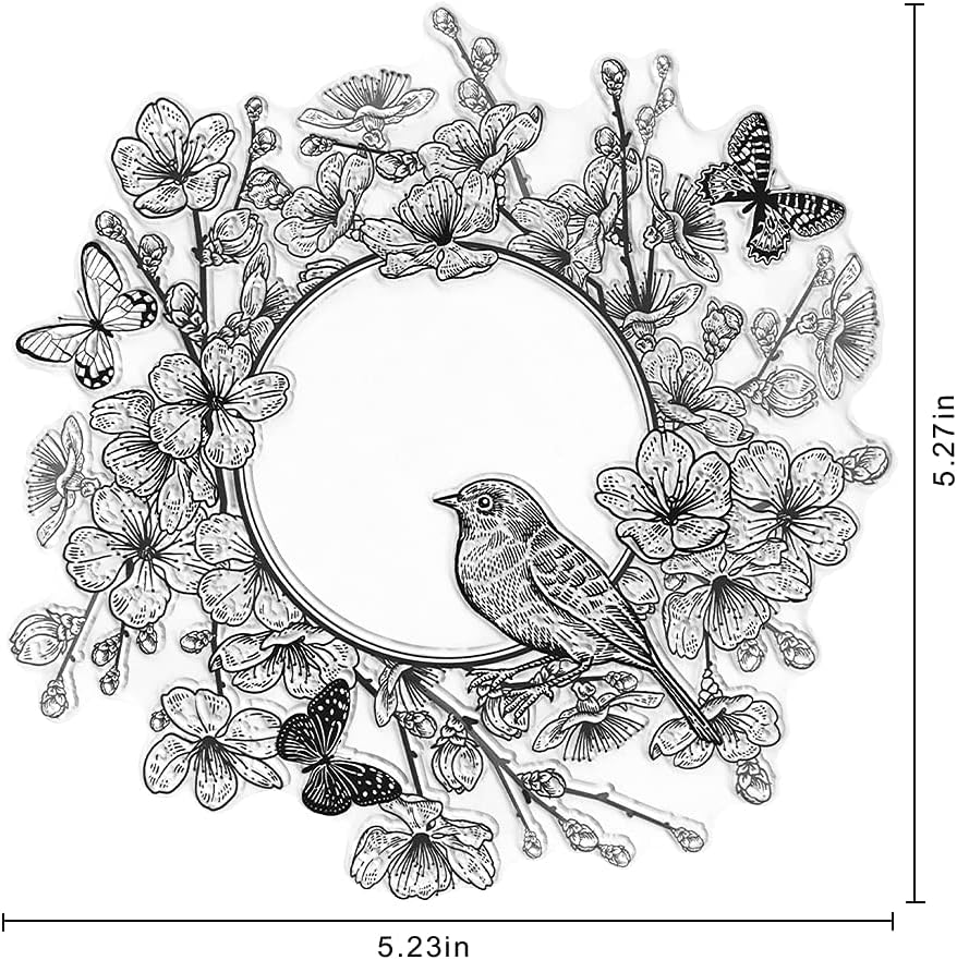 Flowers Wreath Clear Stamps for Card Making Scrapbooking Crafting DIY Decorations, Butterfly Birds Branches Garland Clear Transparent Silicone Seal Rubber Stamps for Holiday Card Making Album Crafts