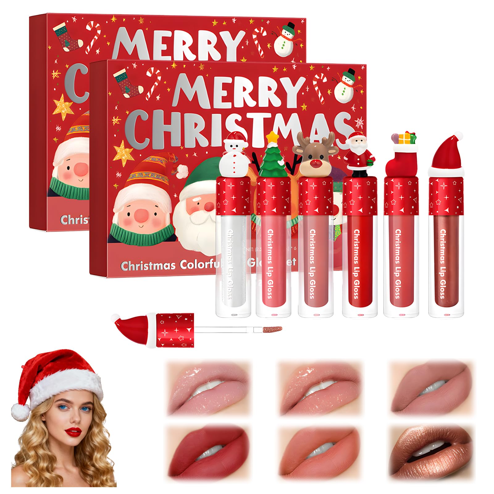Christmas Lip Gloss Set 6 Colors Christmas Velvet Non Stick Cup Holiday Shiny Smooth Soft Liquid Lip Glosses
