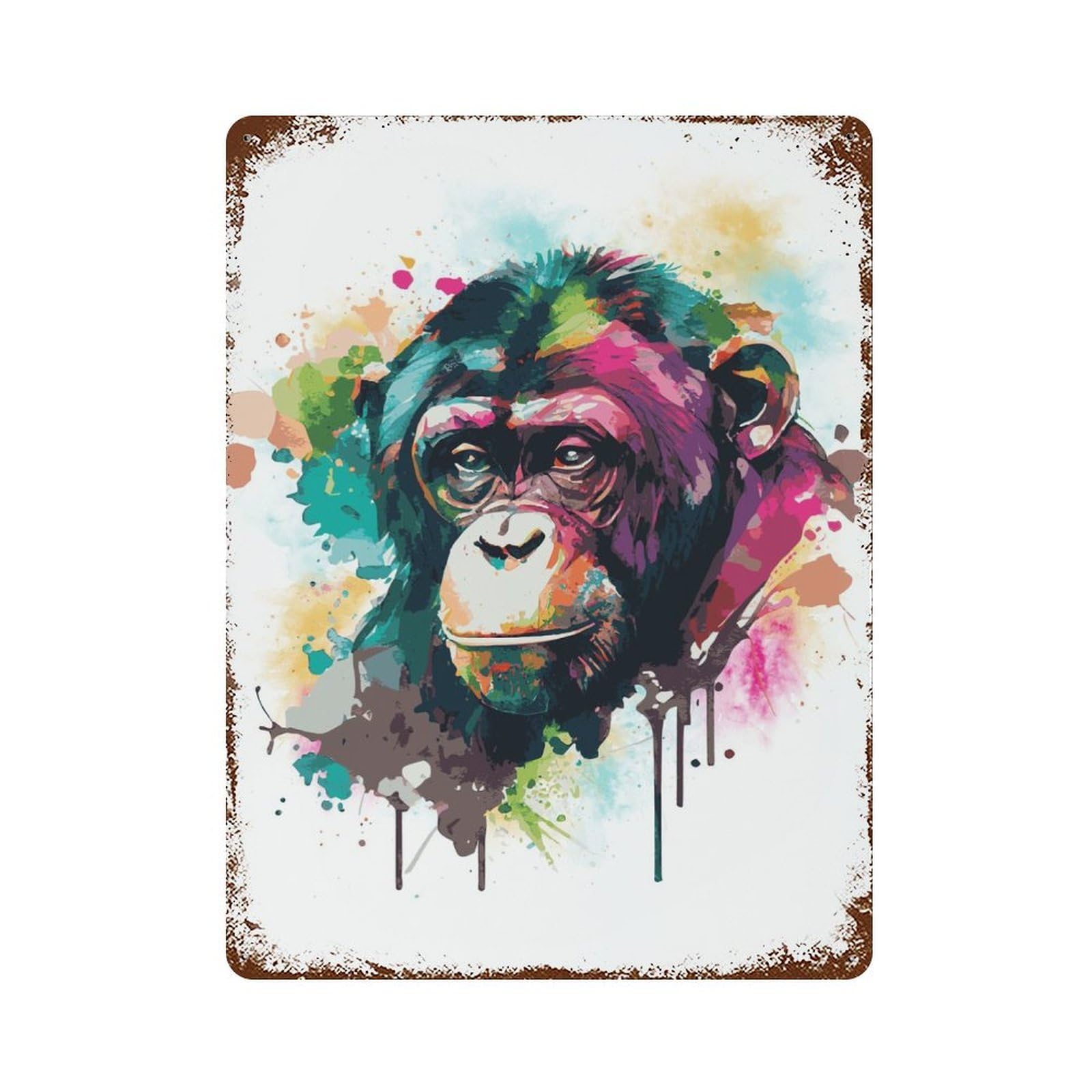 Garage Style Watercolor Monkey Aged Metal Wall Plaque 15.7"x11.8", Farmhouse Wall Decor for Bar And Workshop