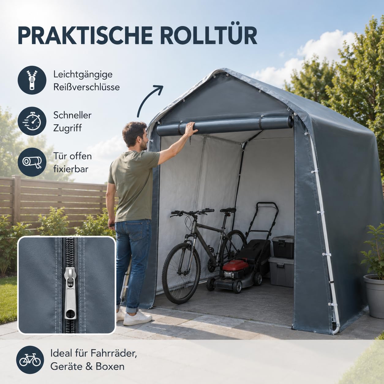 Cobertizo para herramientas, 240 x 240 x 240 cm, resistente al agua y protección UV, lona de polietileno con puerta con cremallera, tienda de almacenamiento para bicicletas, herramientas de jardín y