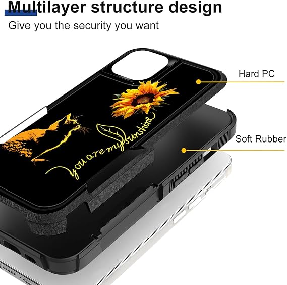 iPhone 15用ケース デュアルレイヤー ハイブリッド 高耐久 頑丈 耐衝撃 ハードPC + ソフトシリコン保護ケース iPhone 15 6.1インチ 2023年用 猫 You are My Sunshine