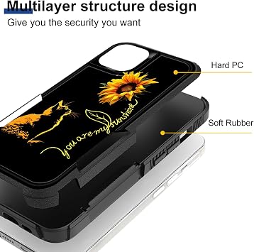 iPhone 15用ケース デュアルレイヤー ハイブリッド 高耐久 頑丈 耐衝撃 ハードPC + ソフトシリコン保護ケース iPhone 15 6.1インチ 2023年用 猫 You are My Sunshine