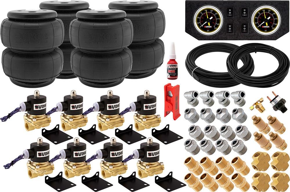 Vixen Air 1/2" NPT Air Ride Suspension High Flow Air Valves with Four Air Springs, Pressure Switch, Gauge Dash Panel, Hoses and Fittings VXK1204FB