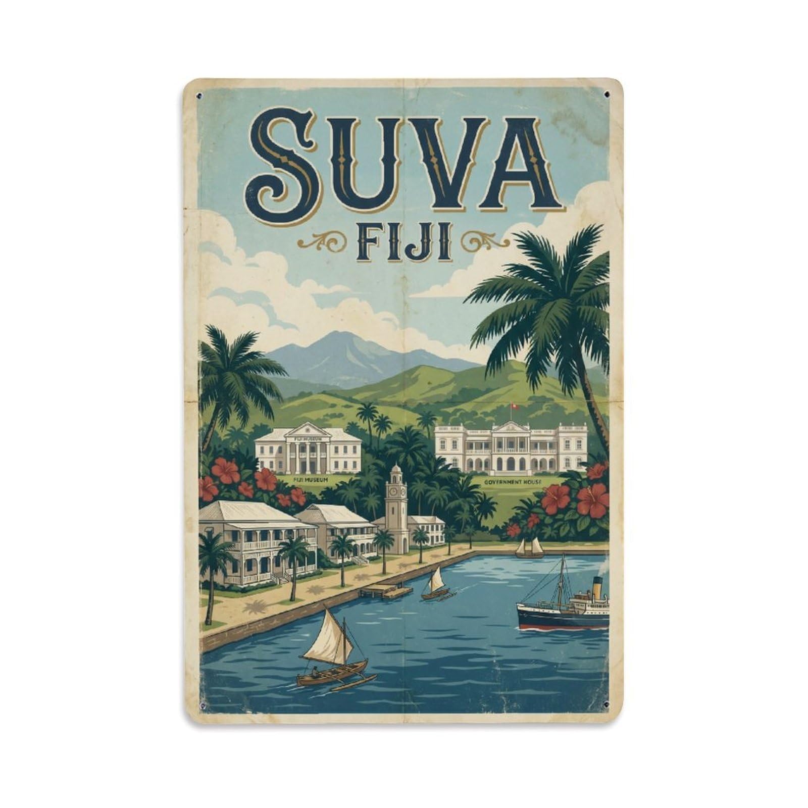 Metal Tin Sign Vintage Travel Fiji Suva