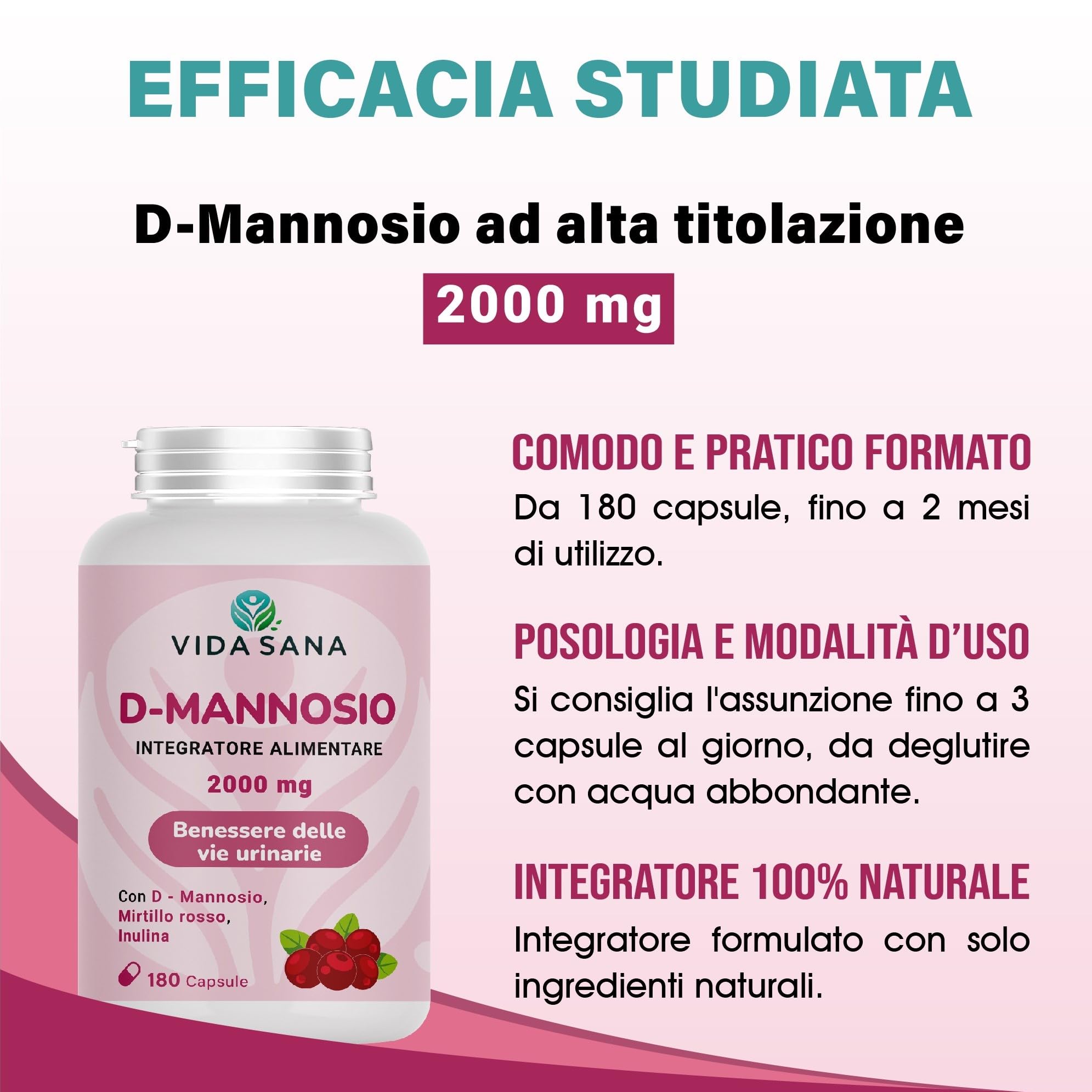 D-Mannosio Puro 2200 mg con Mirtillo Rosso – 180 Capsule | Integratore Donna e uomo per Vie Urinarie e Cistite | Supporto contro Candida e Infezioni Urinarie