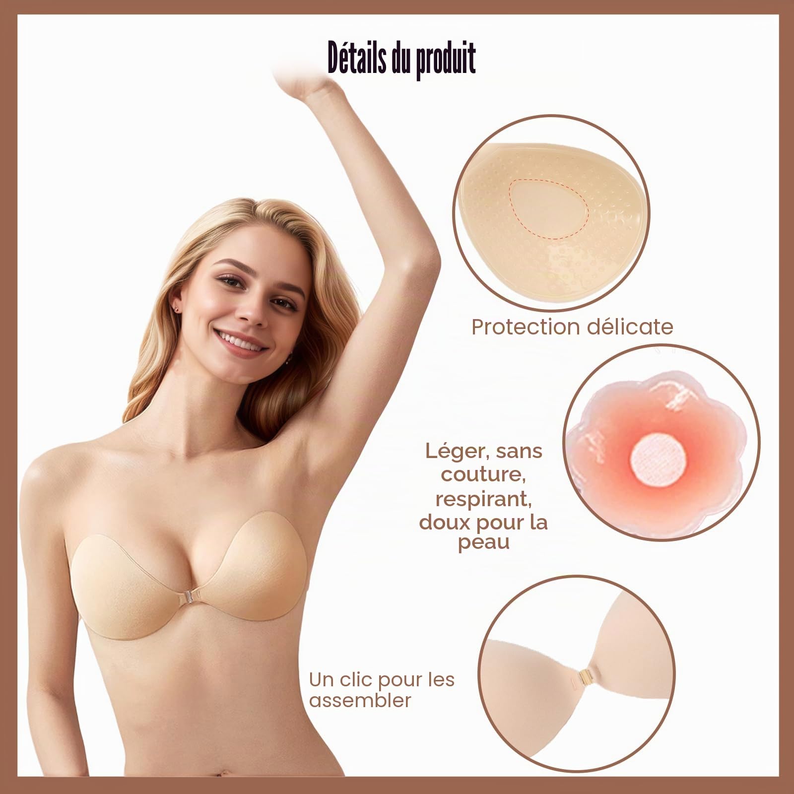 SSKHE 2 Pièces Soutien Gorge Adhesif avec 4 Coussins de Mamelon,Dos Nu,Soutien Gorge Invisible sans Bretelle Réutilisable pour Les Robes de Soirée Robes de Mariée