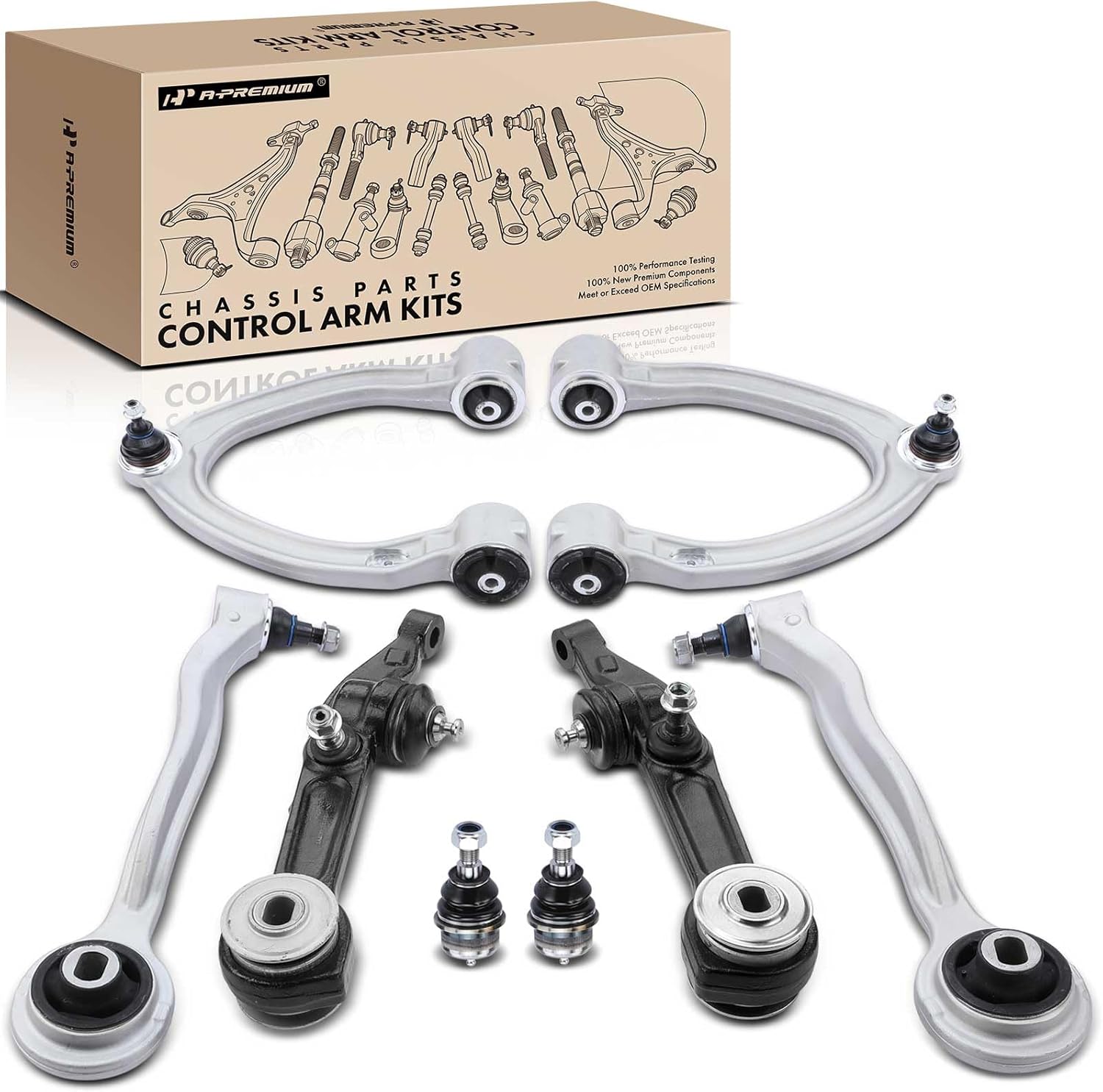 A-Premium Set of 8, Lower Control Arm, Upper Control Arm, Lower Outer Ball Joint, Compatible with Mercedes-Benz S65 AMG/S350 2006, S430/S500 2000-2002, S55 AMG/S600 2001-2006