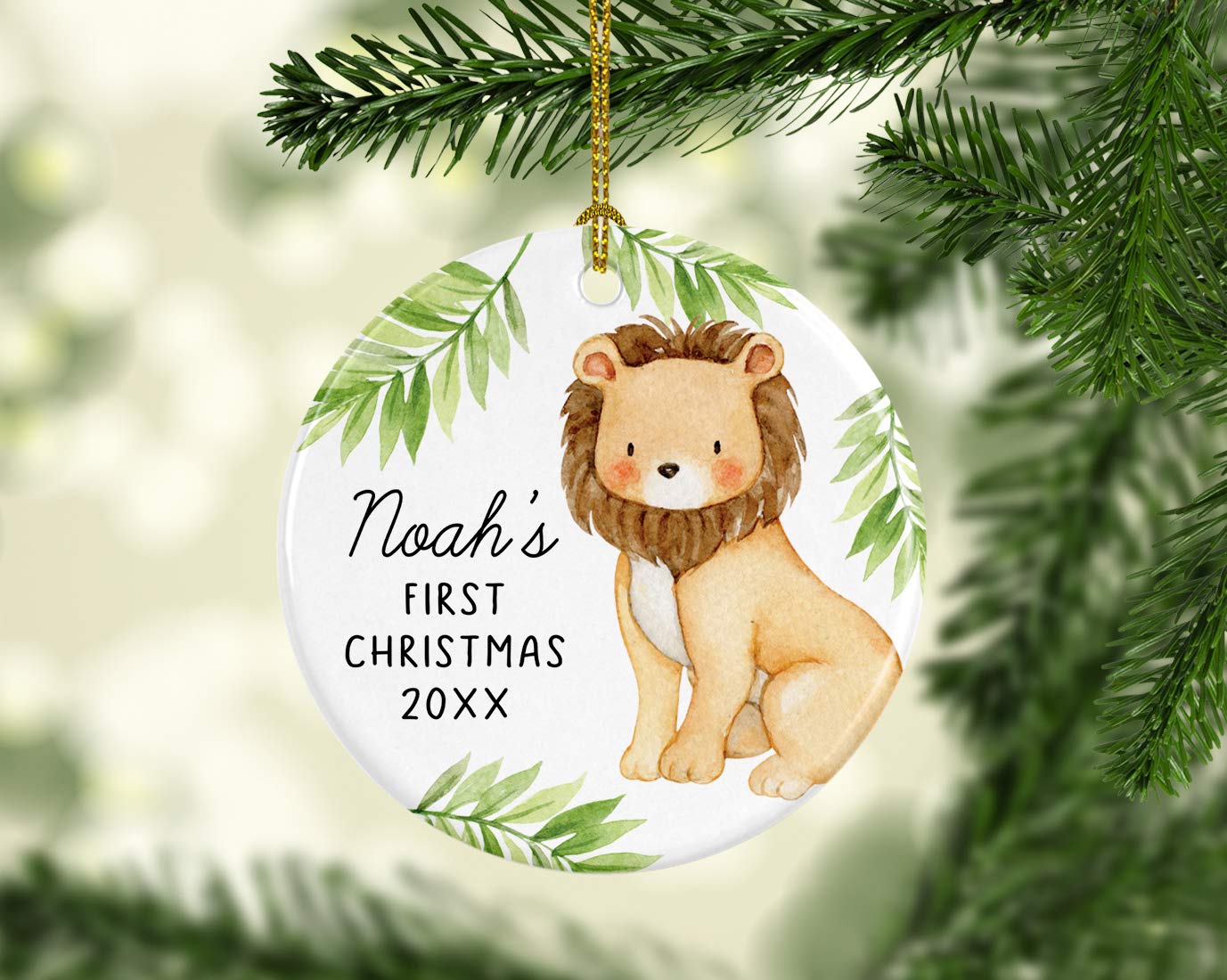 Andaz Press Personalized Round Porcelain Baby's Christmas Tree Ornament Gift, Baby Name's First Christmas 2024, Watercolor Lion, 1-Pack, Custom New Mom Dad Lion Ornament Lion Christmas Ornament