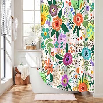 Colorful Floral Shower Curtain for RV Bathroom, Flower Boho Bright Unique Flowered Fabric Bohemian Shower Curtains, Boho Flower Green Leaf Waterproof Fabric Bath Curtain Decor 47x64IN