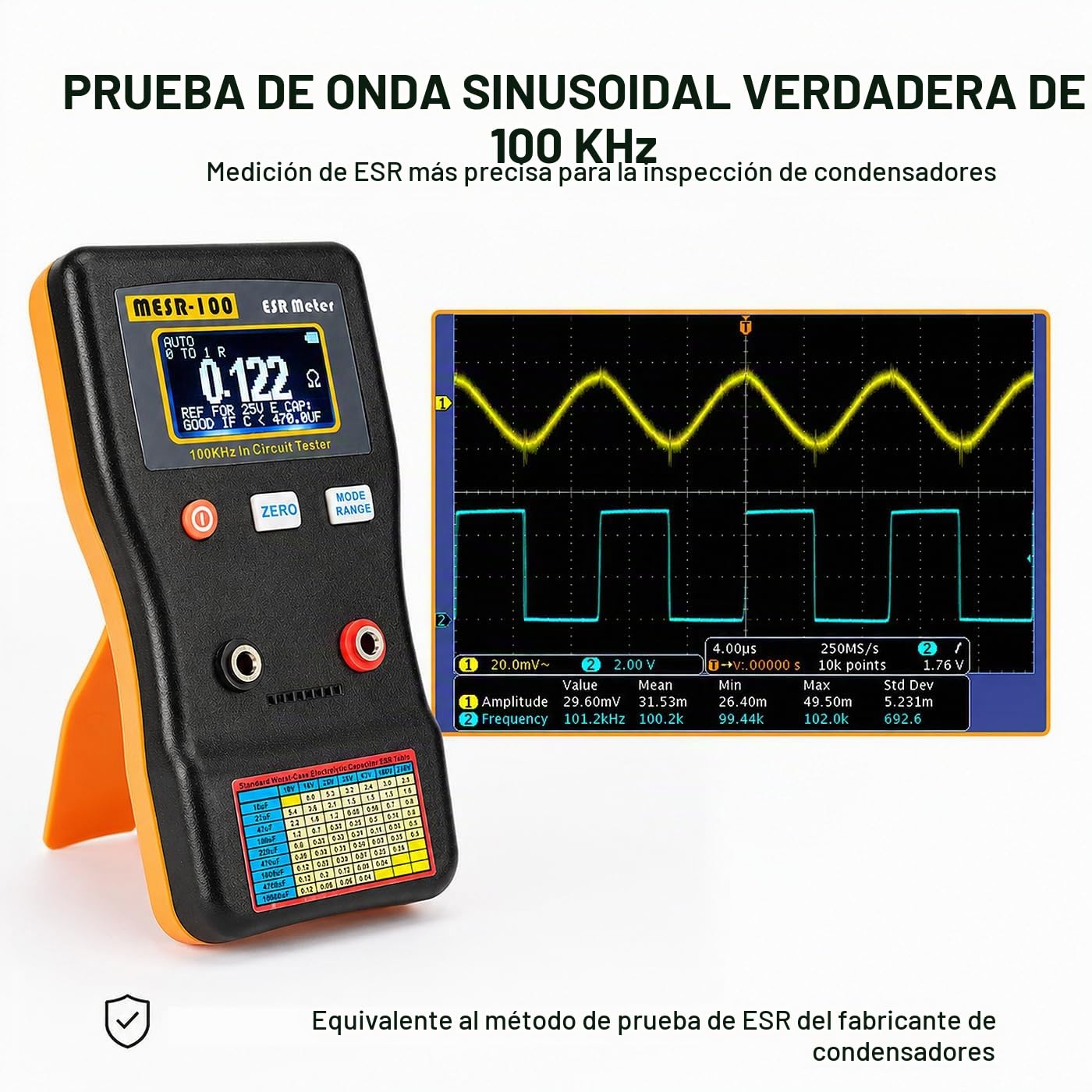 MESR-100 Digital ESR Medidor, Automático Rango 0.001R A 100R Capacímetro Circuito Resistencia/Capacitancia Probador Ohmímetro Retroiluminación Multímetro, para Reparación Tv/Lcd/Placa de Audio