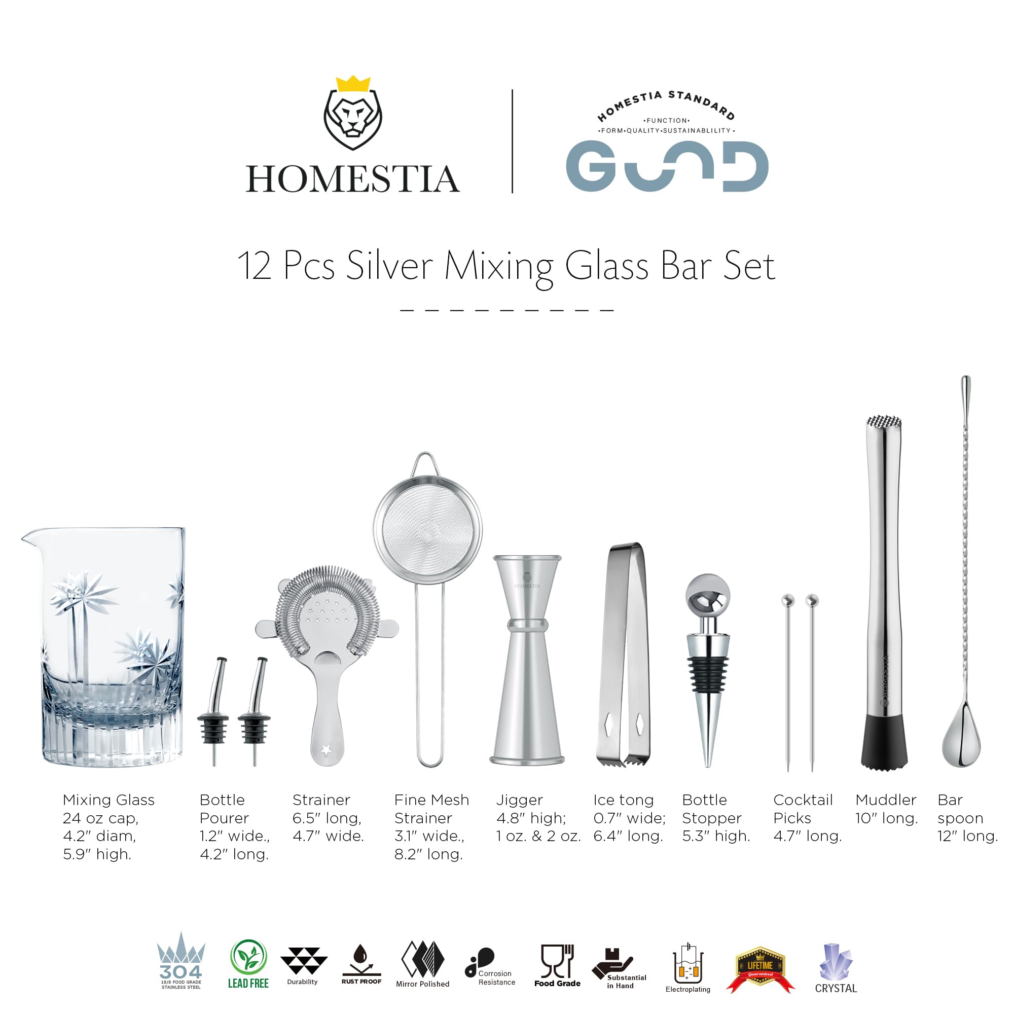 Homestia - Juego de 4 barras de vidrio para mezclar cócteles, 24.5 onzas de grosor, colador de cóctel Hawthorne, jigger doble, cuchara de bar, juego de barras plateadas